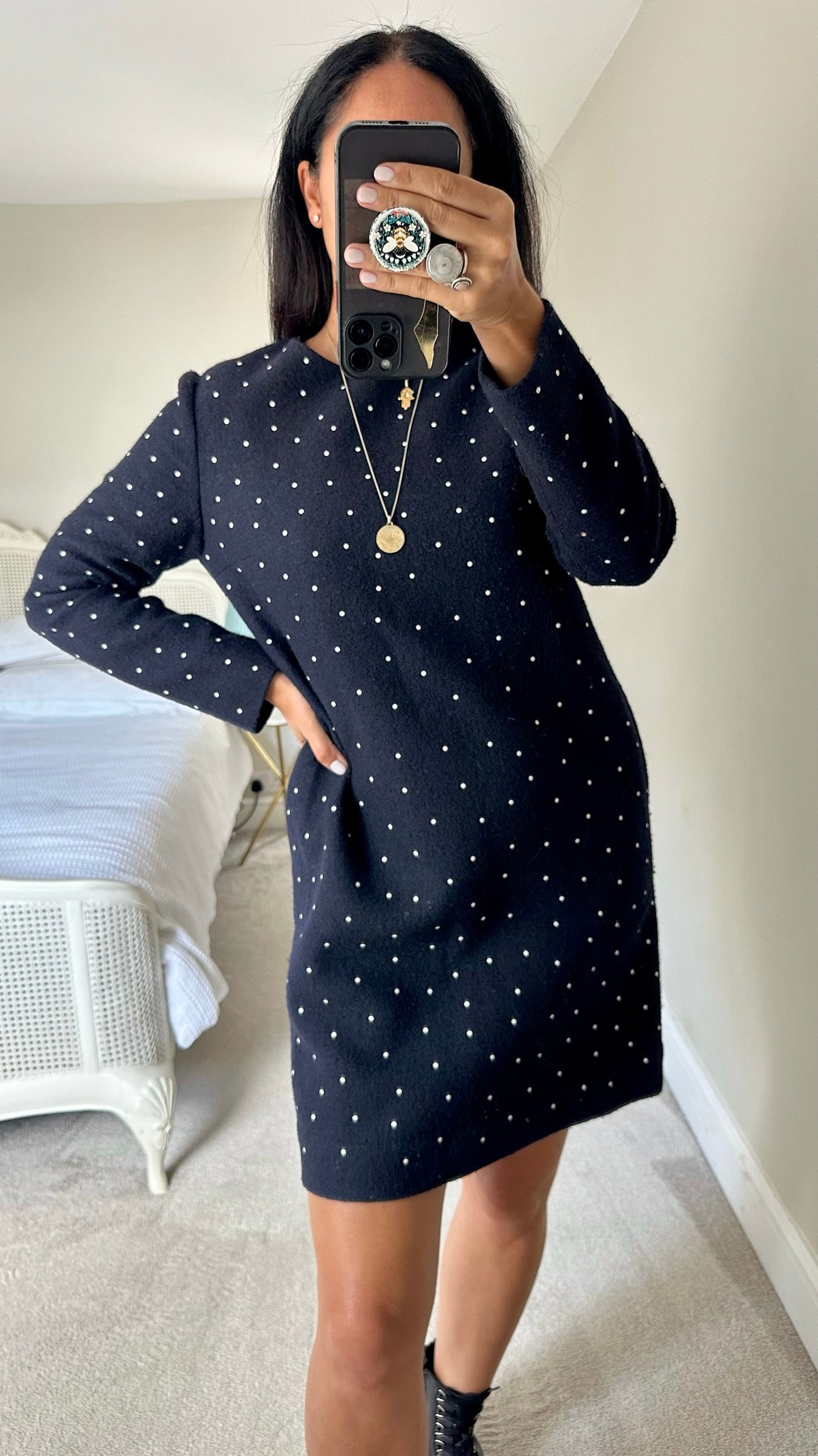 Cos navy blue white polka dot wool blend mini dress large L UK 12 excellent used condition