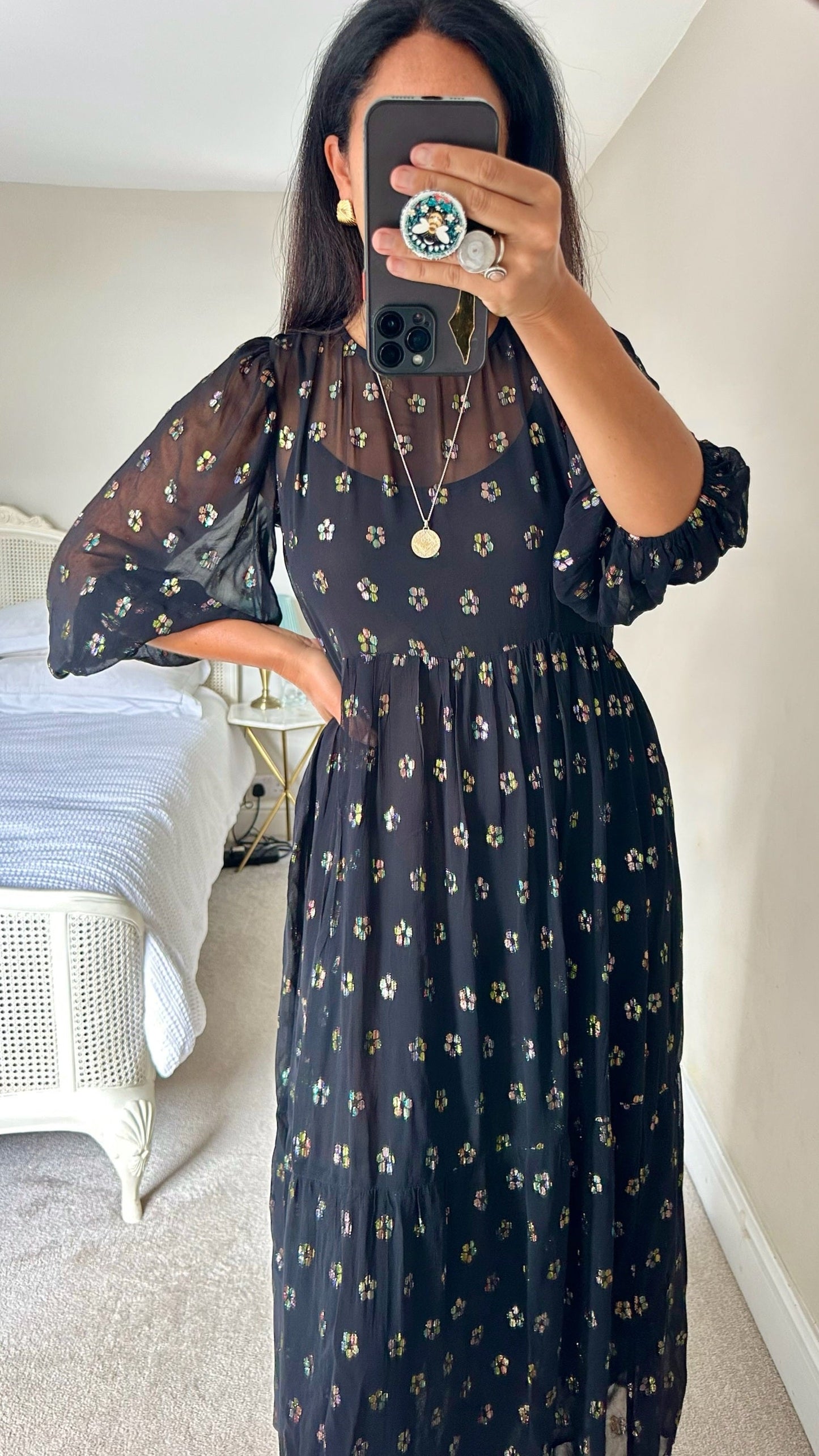 Oliver bonas black metallic multi colour daisy midi maxi long event dress small UK 8