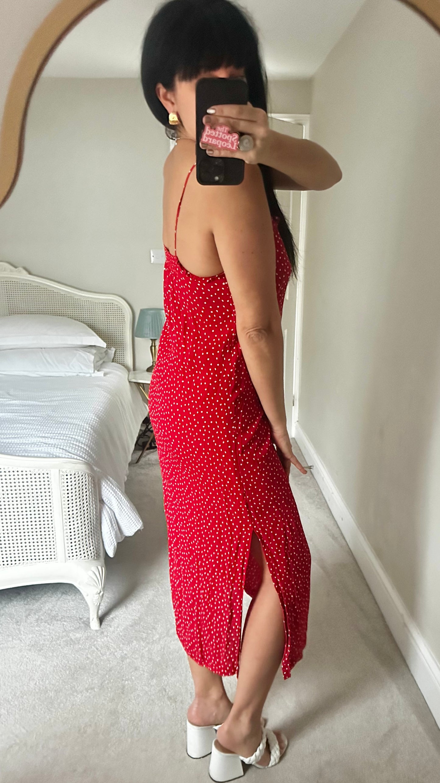 Seen Worn Kept @ Anthropologie red white polka dot side split slip maxi midi dress medium UK 10 12 vgc