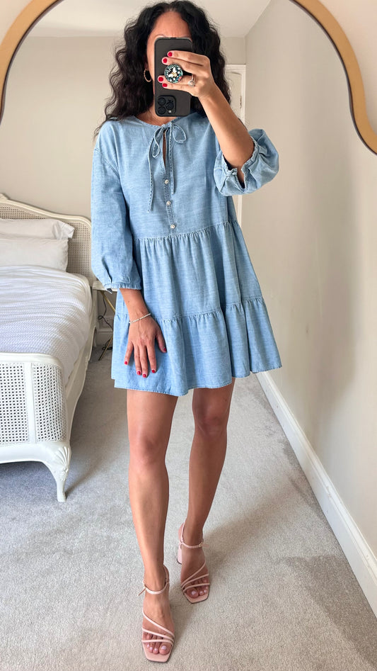 Zara denim look cotton tiered oversized mini dress XL extra large UK 14 new