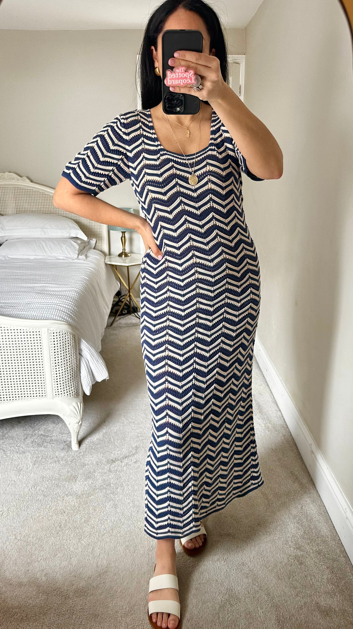 Nobody’s Child navy blue cream zig zag missoni style maxi long dress crochet medium UK 12 vgc
