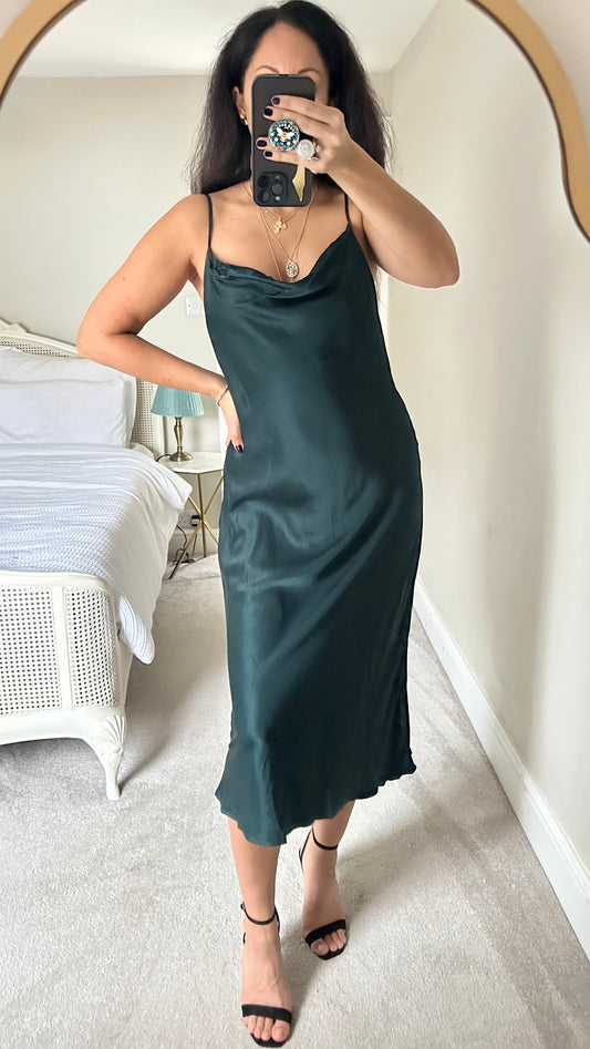 Zara deep green satin slip dress medium large UK 10 12 vgc party event