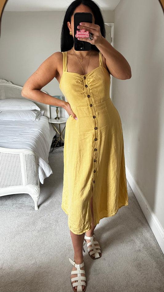 & other stories mustard yellow linen button up dress medium UK 10-12 vgc