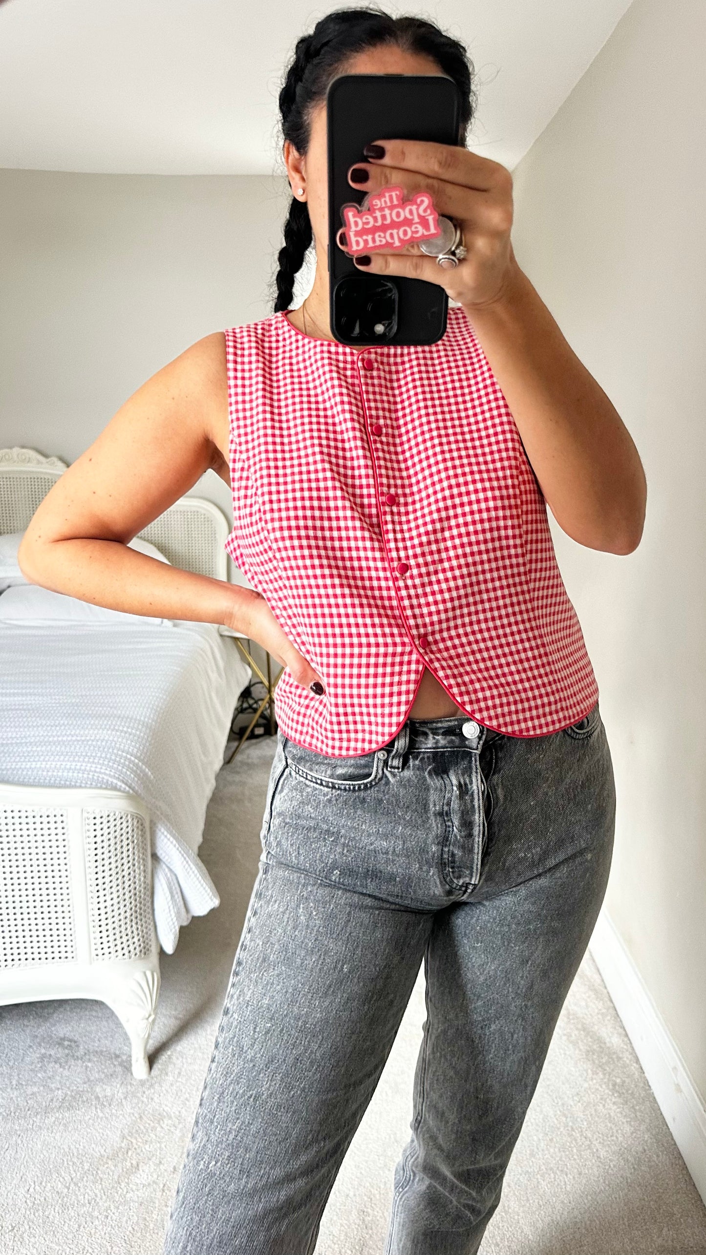 Oliver Bonas red white gingham check waistcoat top button up small medium UK 10 vgc