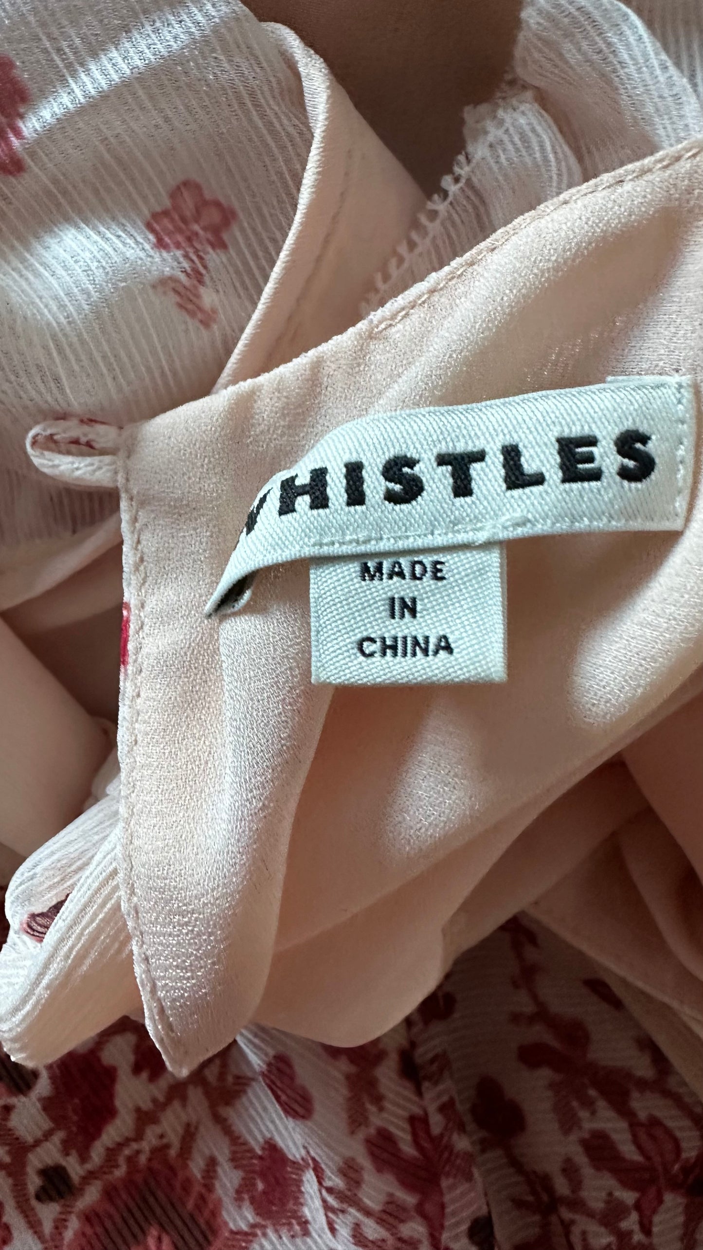 Whistles rose pink burgundy floral tiered midi long wedding guest dress small UK 8 vgc