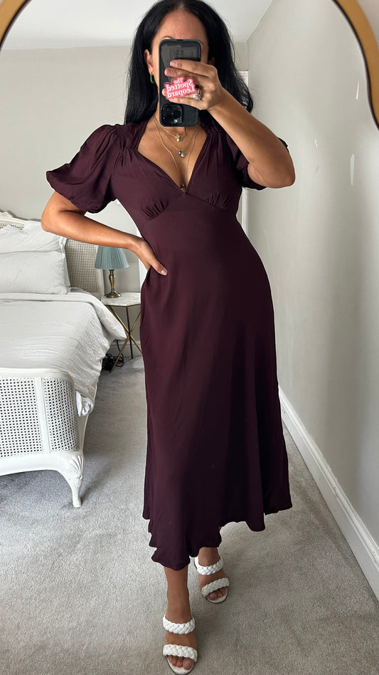 Ghost mulberry deep purple midi long wedding guest dress small UK 8-10 vgc