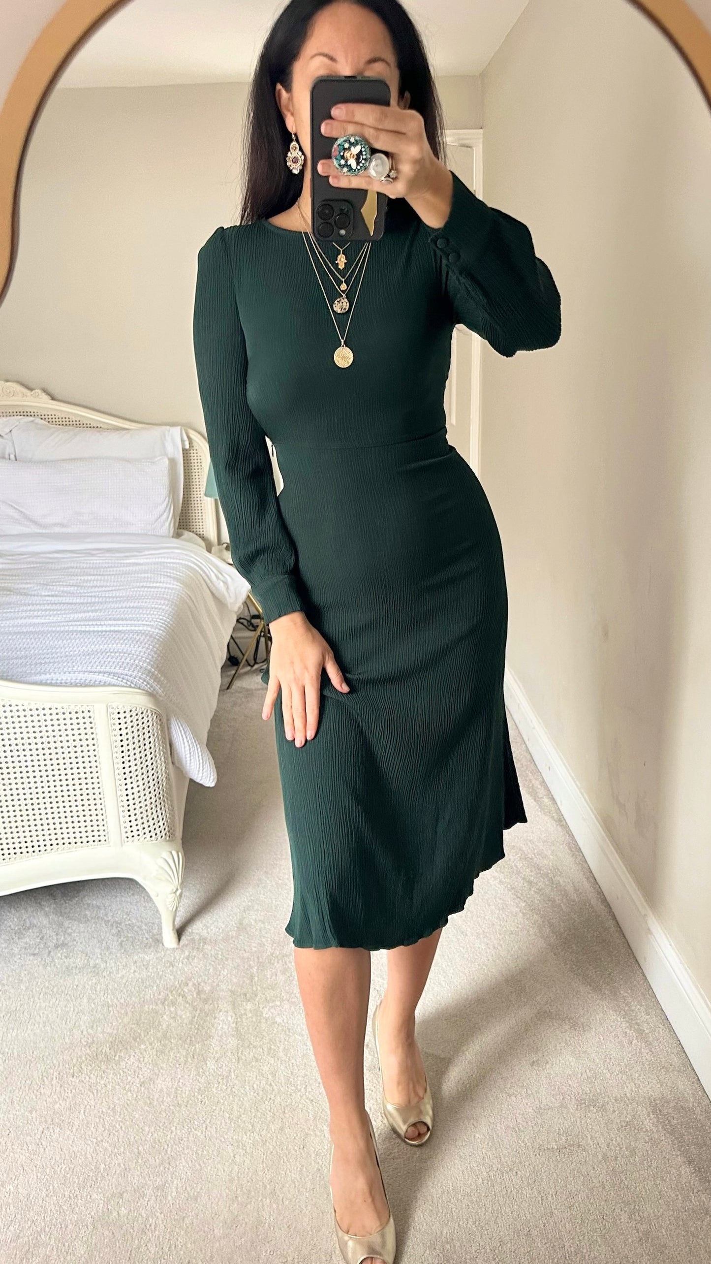 Zara forest green long sleeve midi dress extra small XS UK 6 vgc