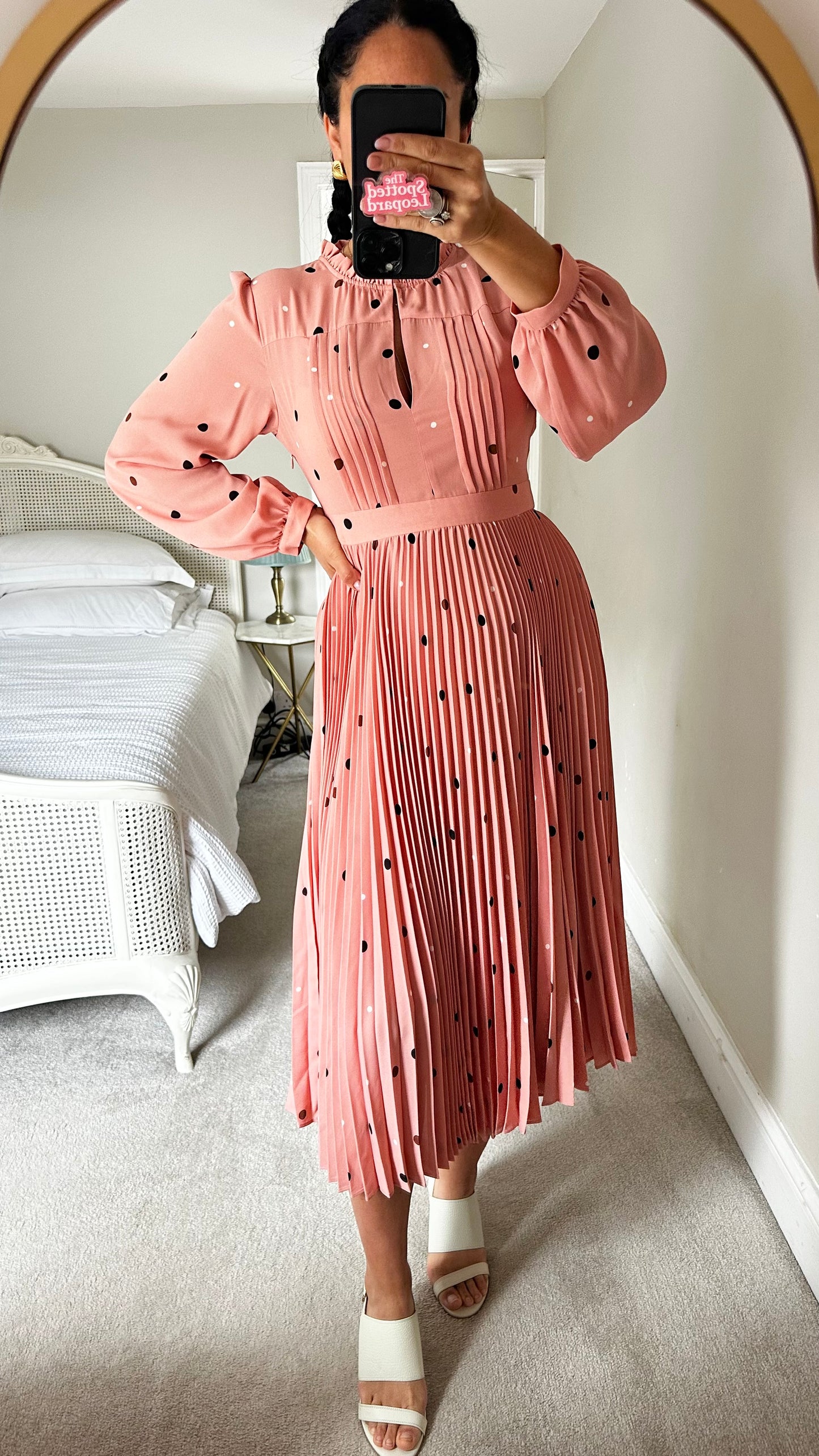 Sofie Schnoor pink pleated midi even polka dot dress small/ medium UK 10 vgc