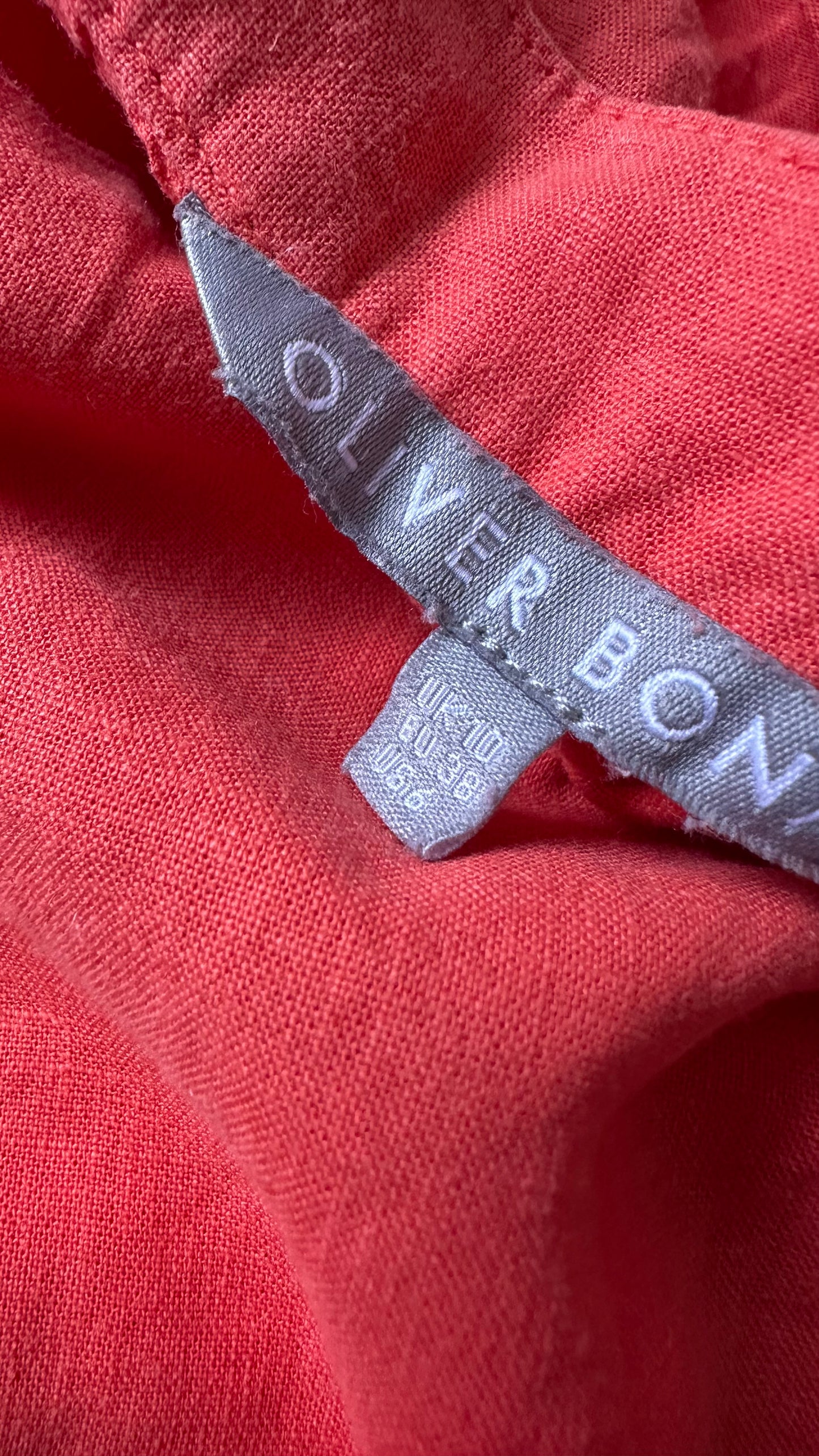 Oliver Bonas coral Orange linen blend button up mini holiday dress small medium UK 10-12 vgc