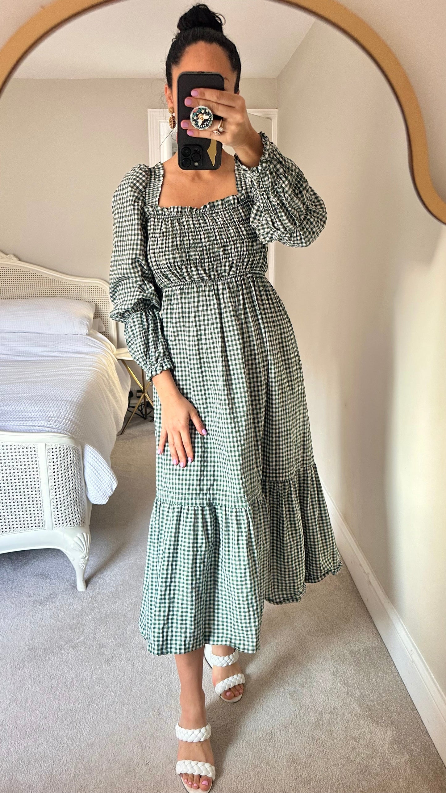 Topshop Green white gingham check shirred cotton blend check midi dress medium UK 14