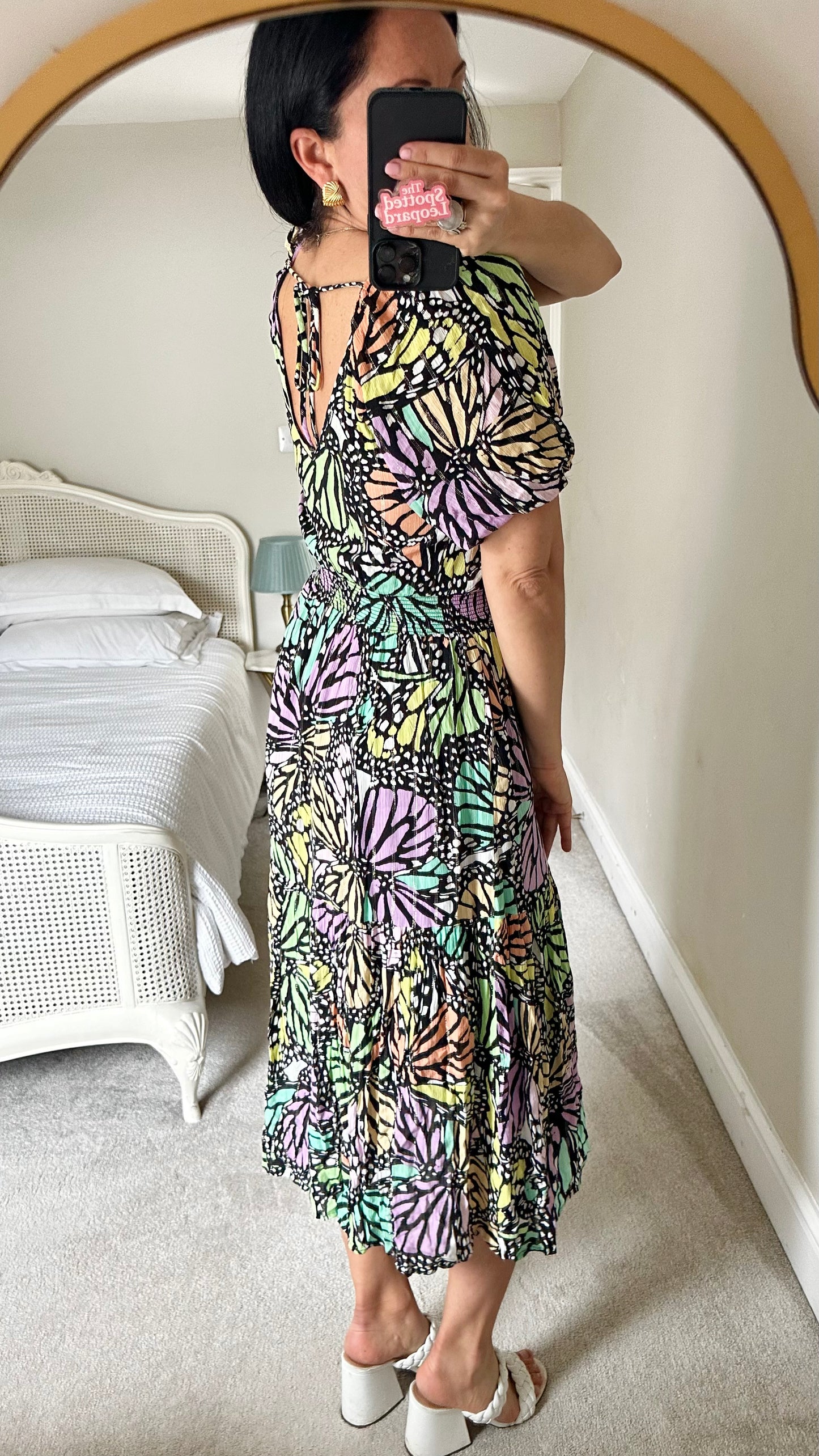 Oliver Bonas black lilac butterfly dress midi long small UK 8-10 vgc