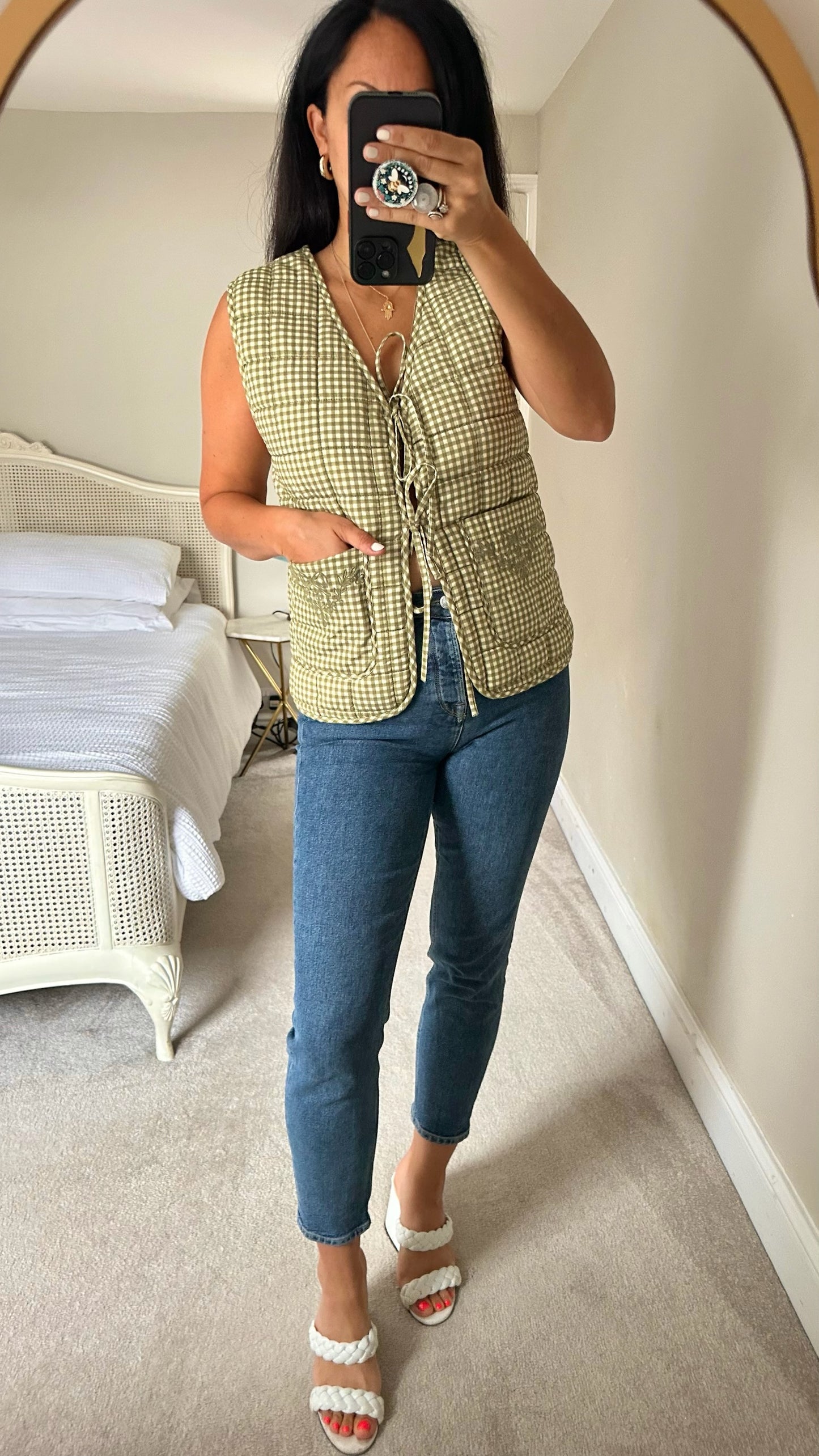 Damson madder reversible green pink gingham waistcoat top medium UK 10 vgc