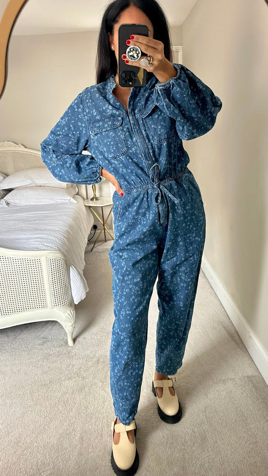 Oliver Bonas blue denim floral jumpsuit boiler suit playsuit medium UK 14 vgc