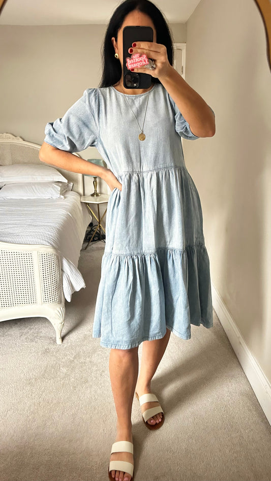Gestuz light blue denim jeans tiered midi long dress small UK 8 vgc