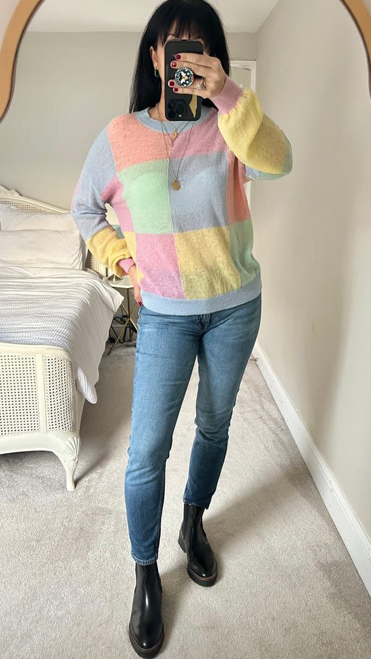 HUSH pink yellow block colour pastels alpaca wool blend knitted jumper small medium UK 8 10 12 vgc