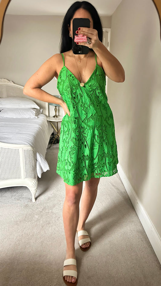 Topshop bright green embroidered mini slip holiday event dress medium UK 14 vgc
