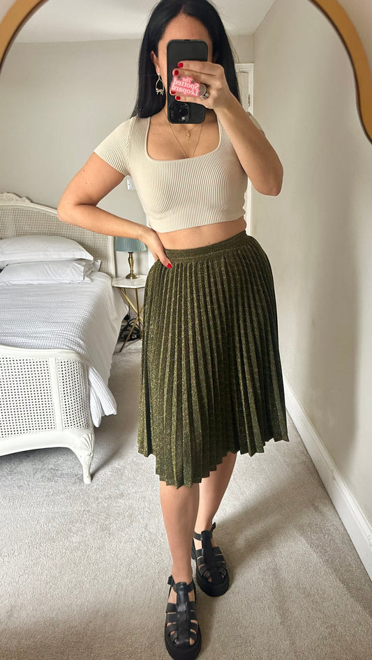 FRNCH khaki green shimmer pleated midi length skirt small UK 8 vgc