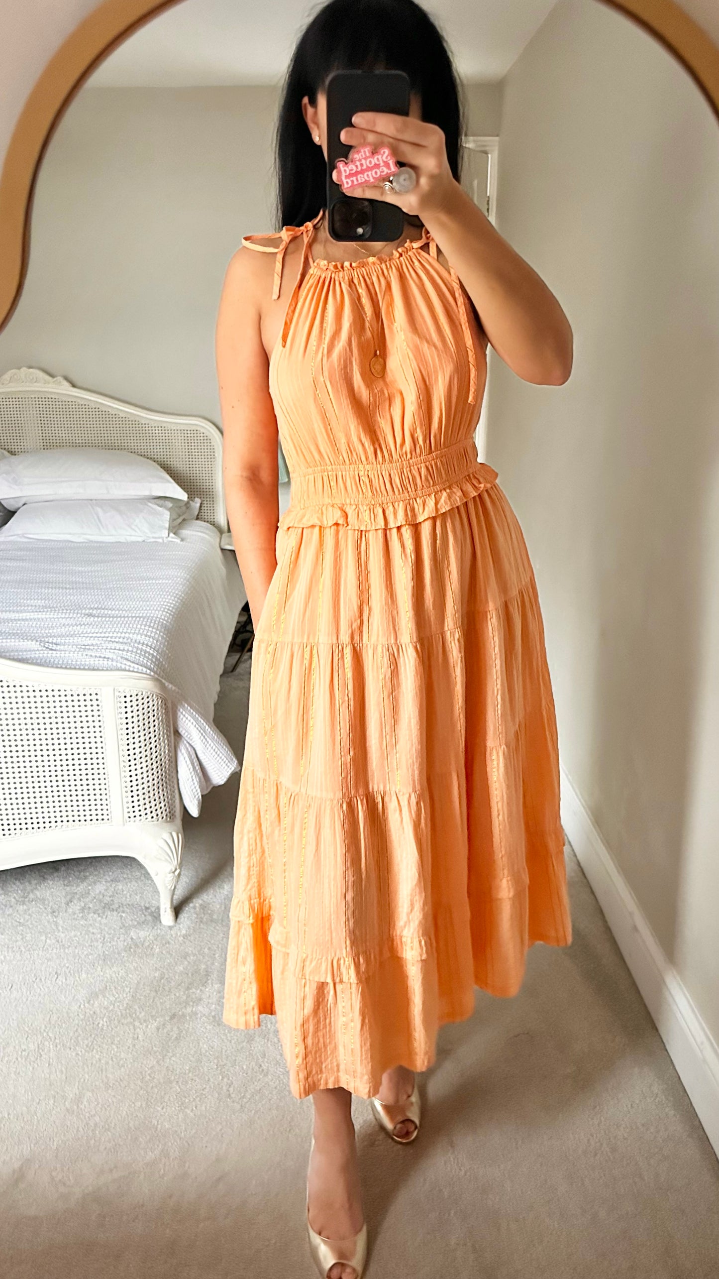 Oliver Bonas Orange gold stripe holiday midi long dress medium UK 12 vgc