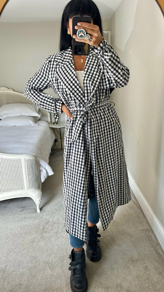 River island black white gingham check long trench coat large L UK 12 excellent used condition