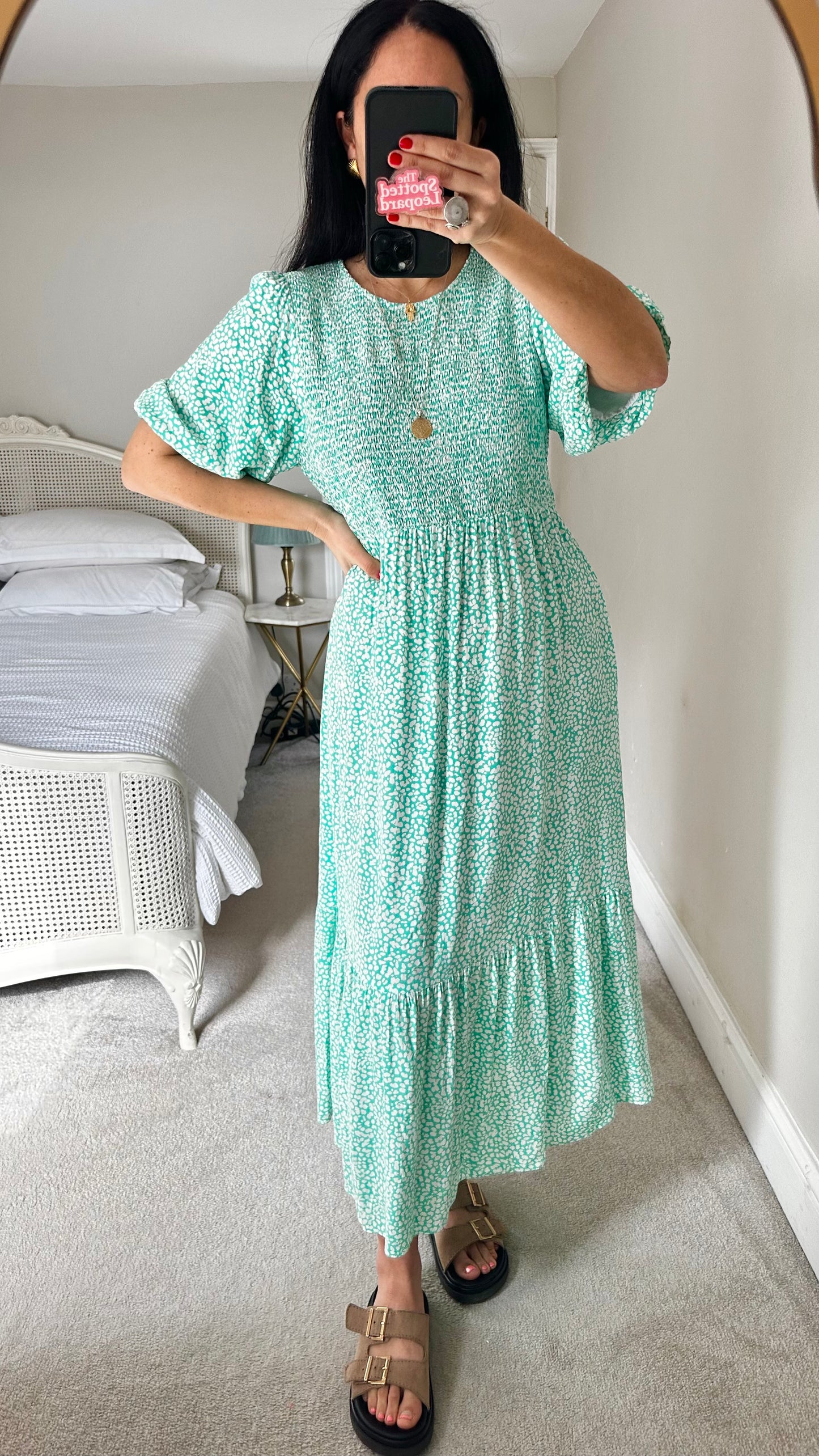 Nobody’s Child mint green white polka dot midi long dress small medium UK 10 14
