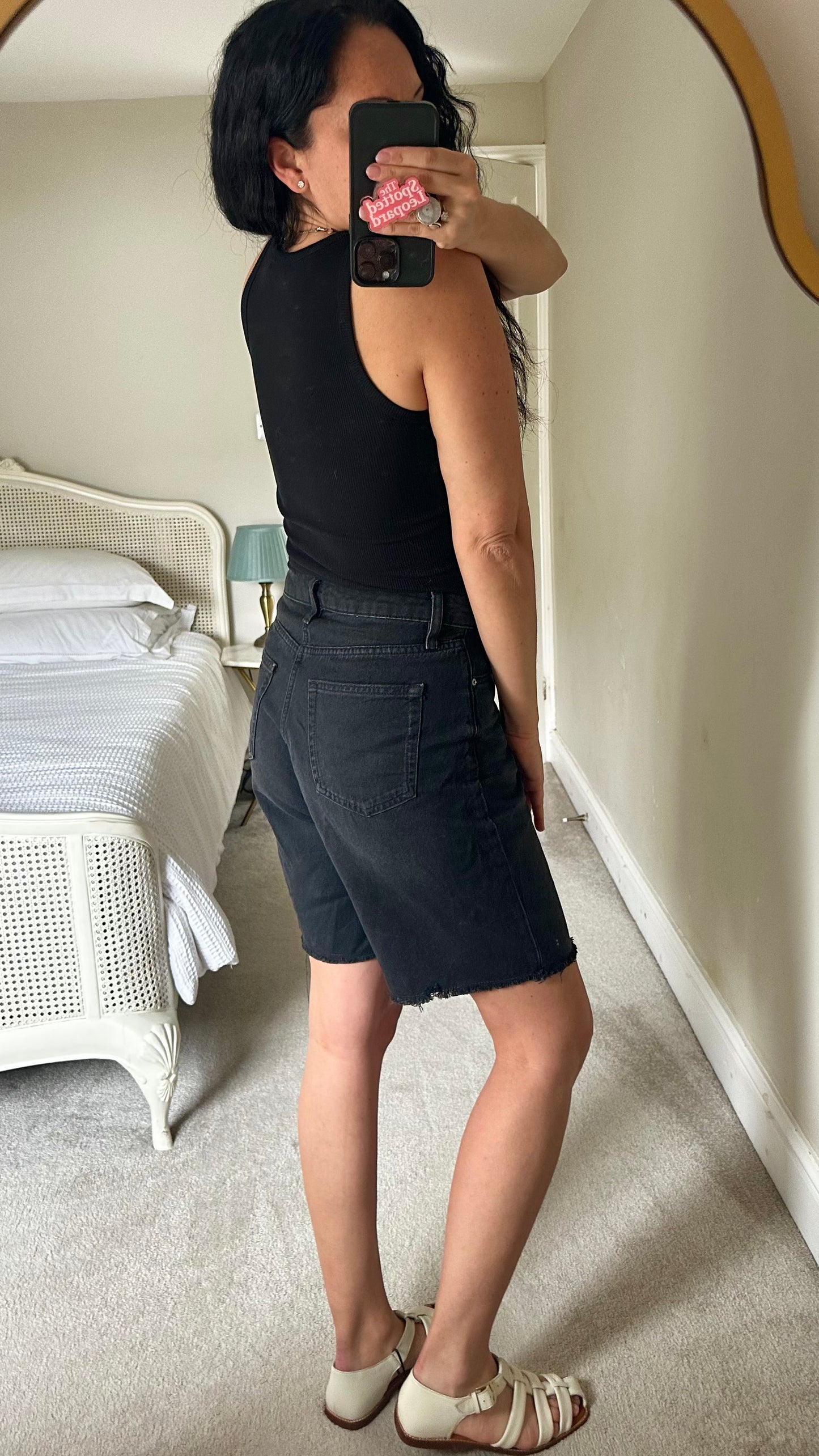 Marks & Spencer black Bermuda longline denim jeans shorts medium UK 12 vgc