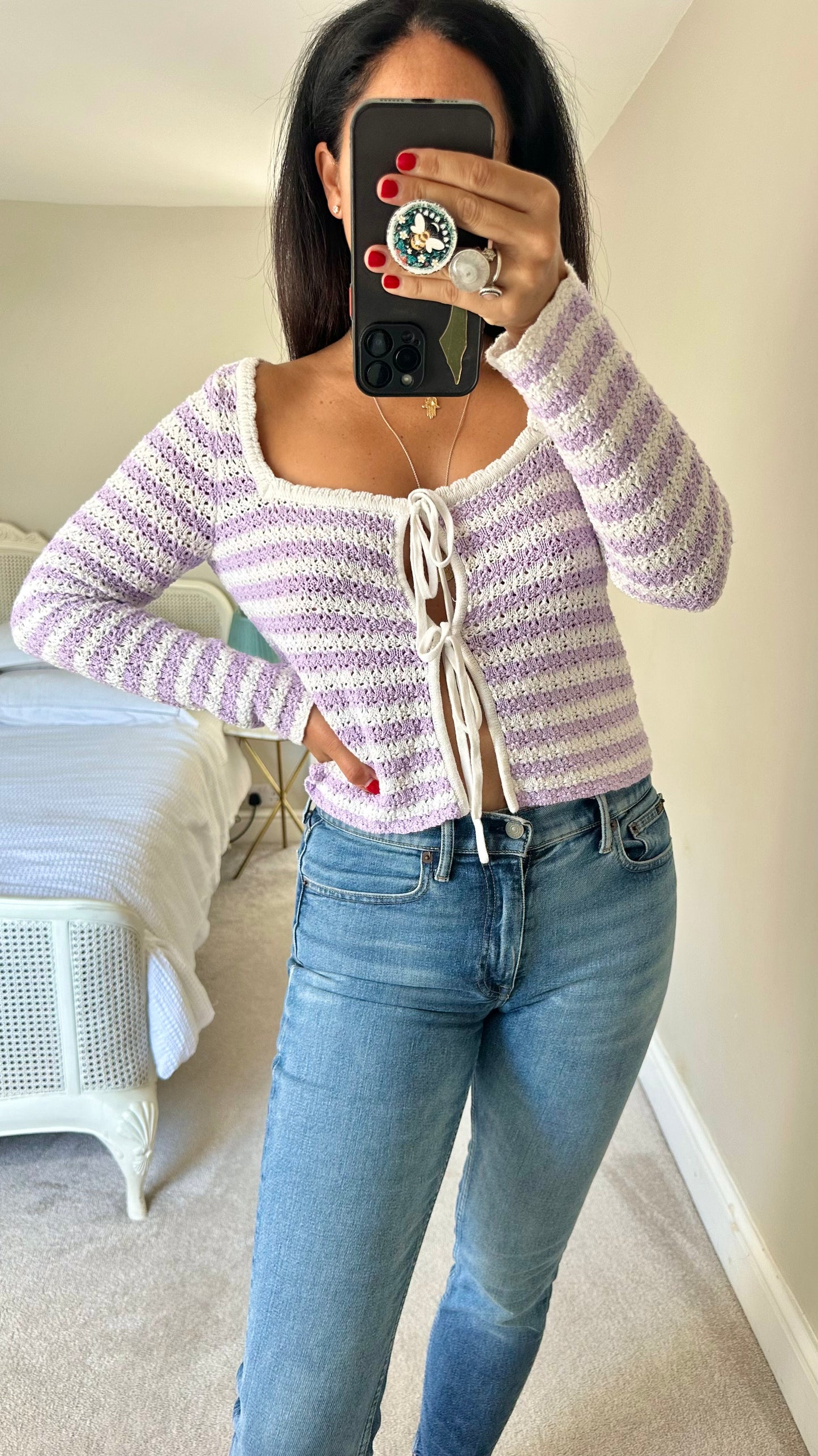 Kitri lilac cream white crochet knitted cardigan small medium UK 10 vgc