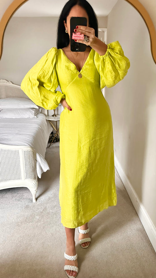 Nobody’s Child lime green acid tie back wedding guest event dress small UK 10 long vgc