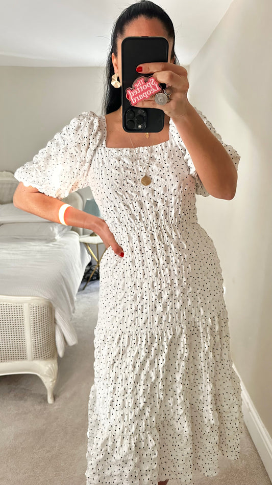 Ro & Zo white black seersucker midi long holiday dress small UK 10 vgc