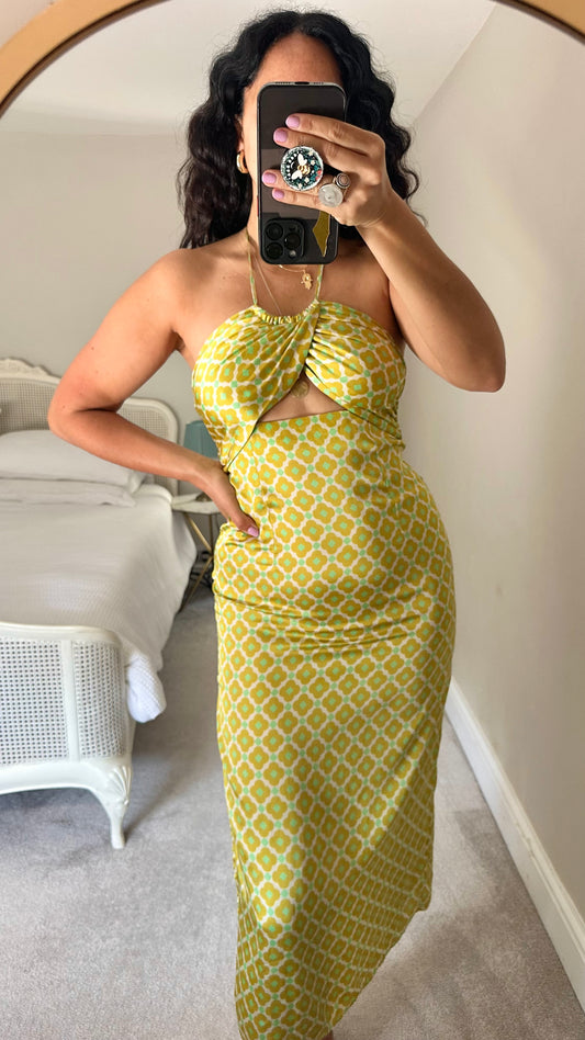Topshop acid green yellow long side split midi dress medium UK 10 vgc event holiday
