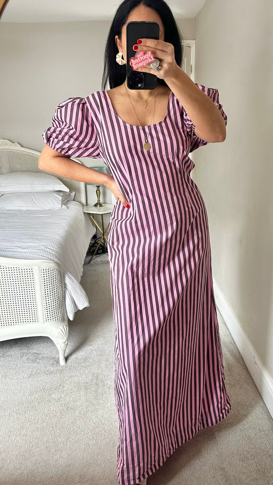 Ganni brown pink stripe cut out maxi holiday dress medium UK 14 vgc
