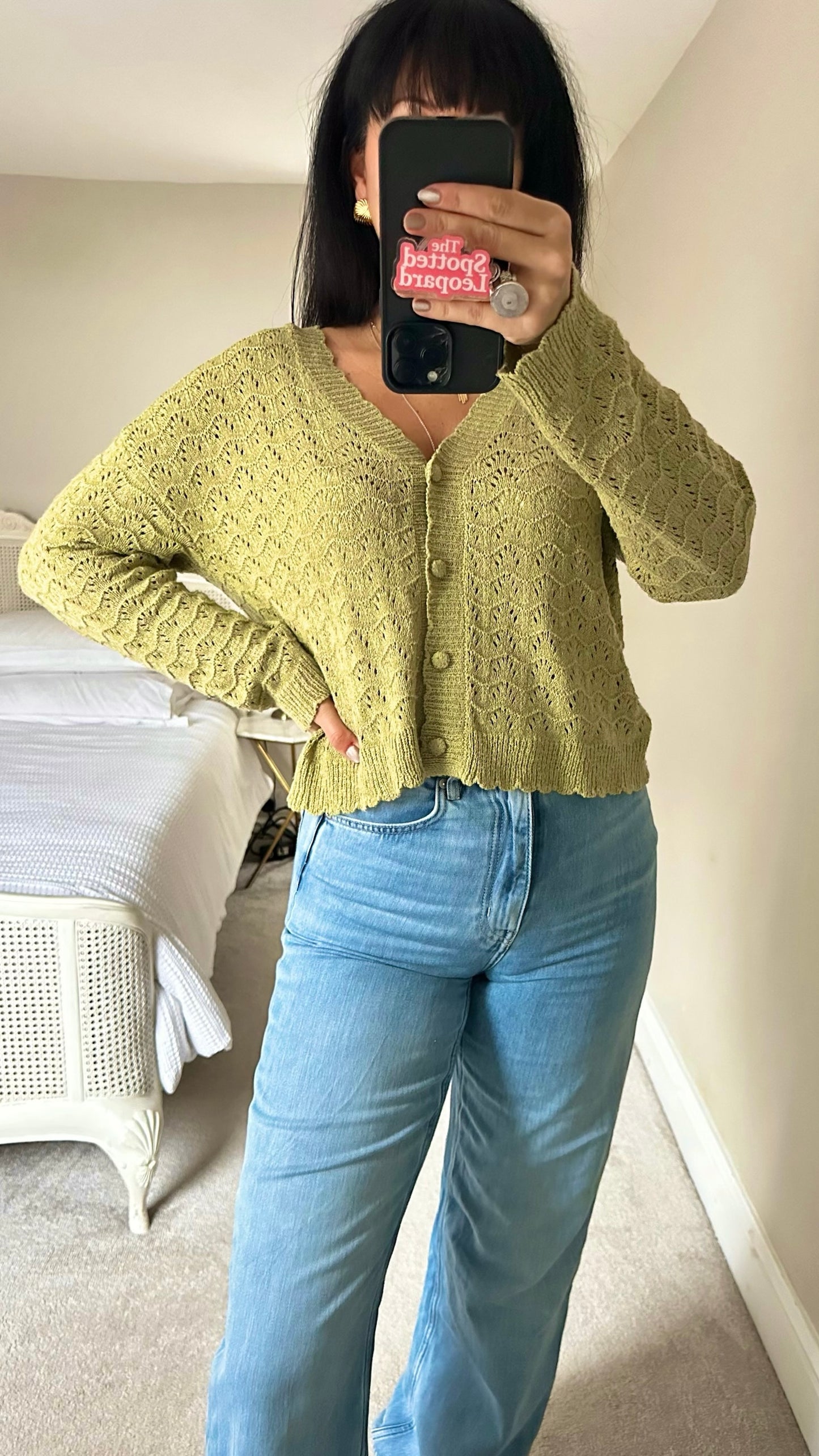 Anthropologie olive khaki green crochet knitted cardigan jumper small UK 8-10-12 vgc