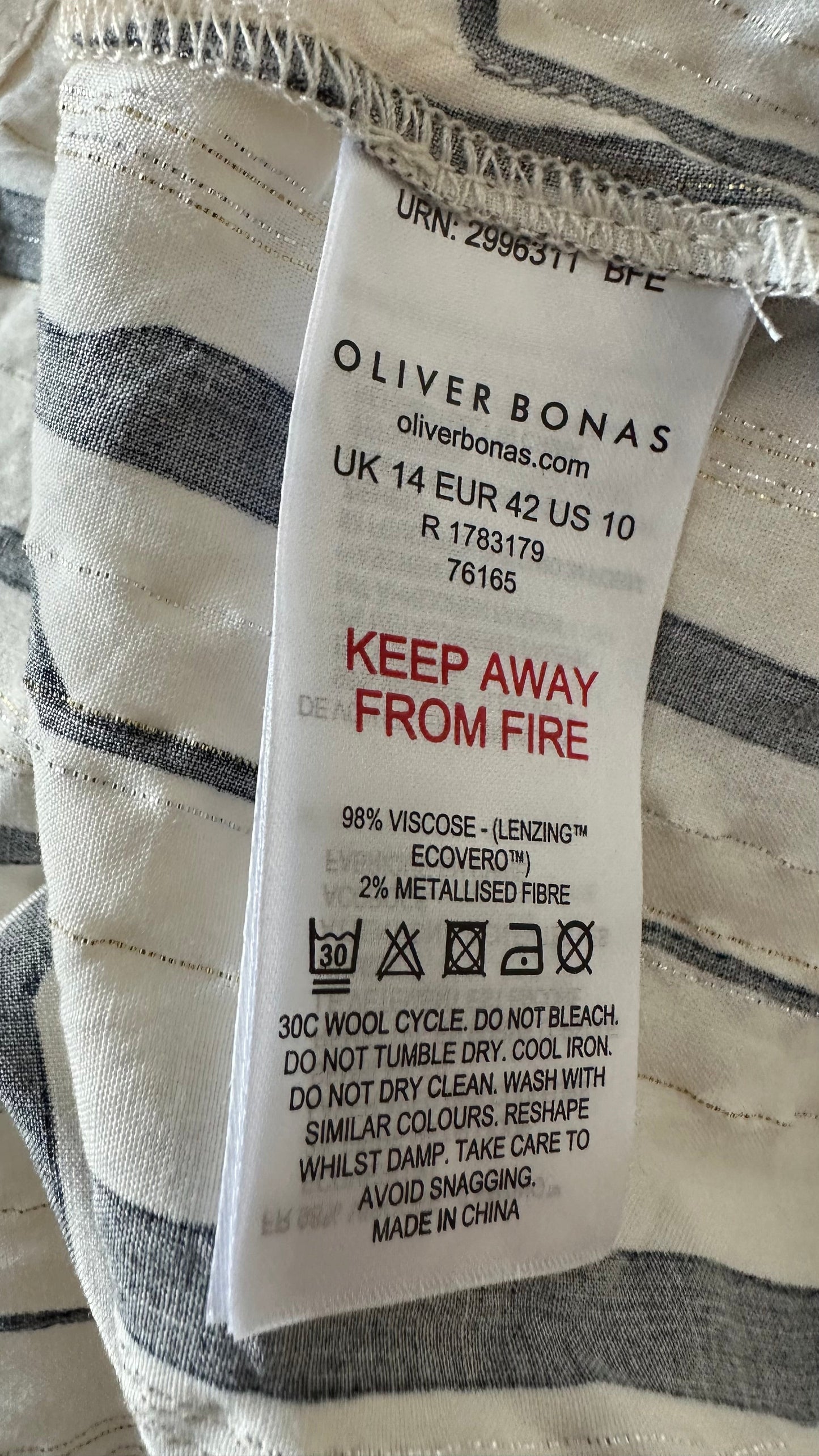 Oliver Bonas black cream stripe patterned midi long dress small medium UK 10 14 vgc