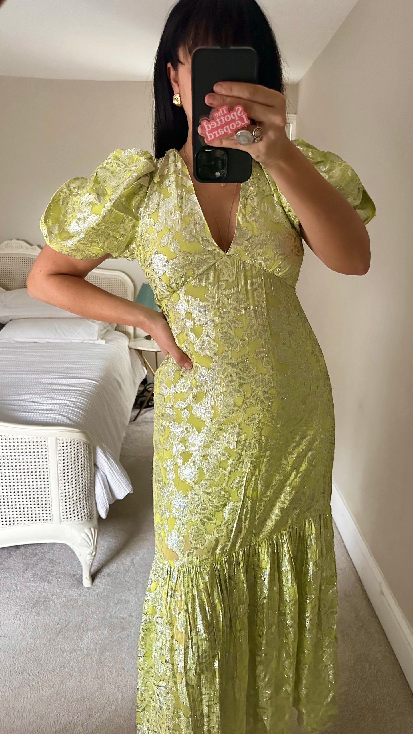 Warehouse lime green silver metallic wedding guest long maxi dress small UK 10 vgc