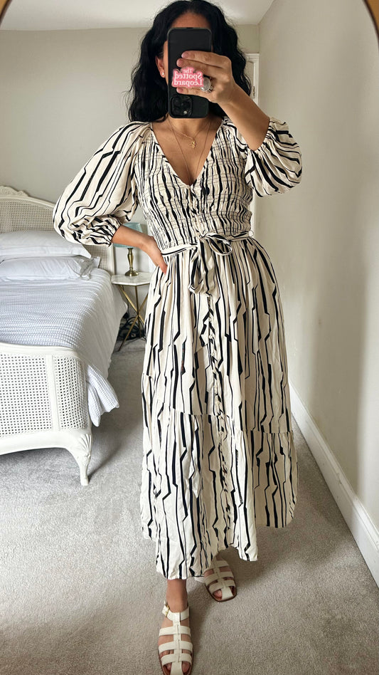 Oliver Bonas black cream stripe patterned midi long dress small UK 8 10 vgc