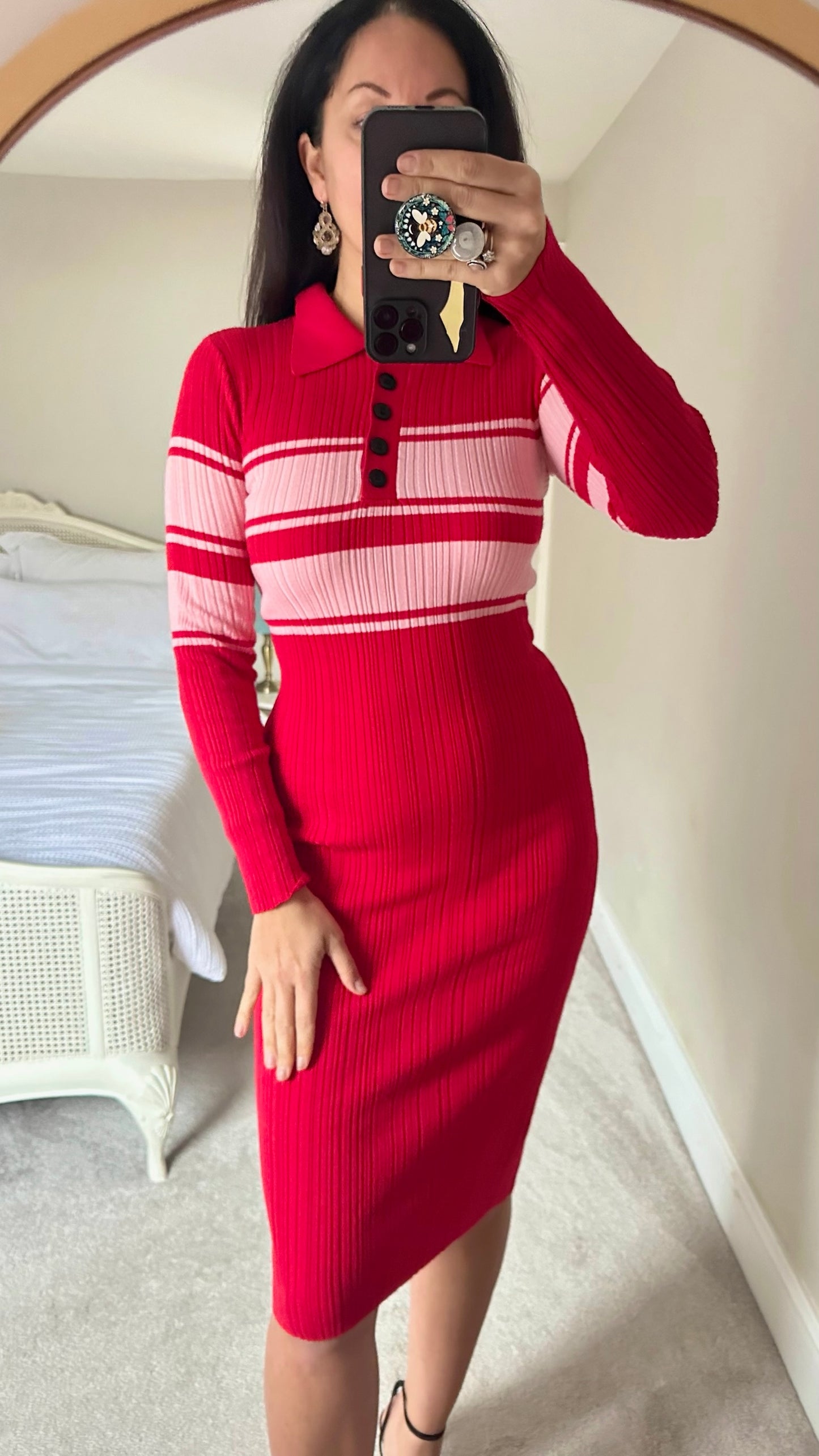 Warehouse pink red stripe ribbed knit midi jumper dress Christmas small medium SM UK 8 10 vgc