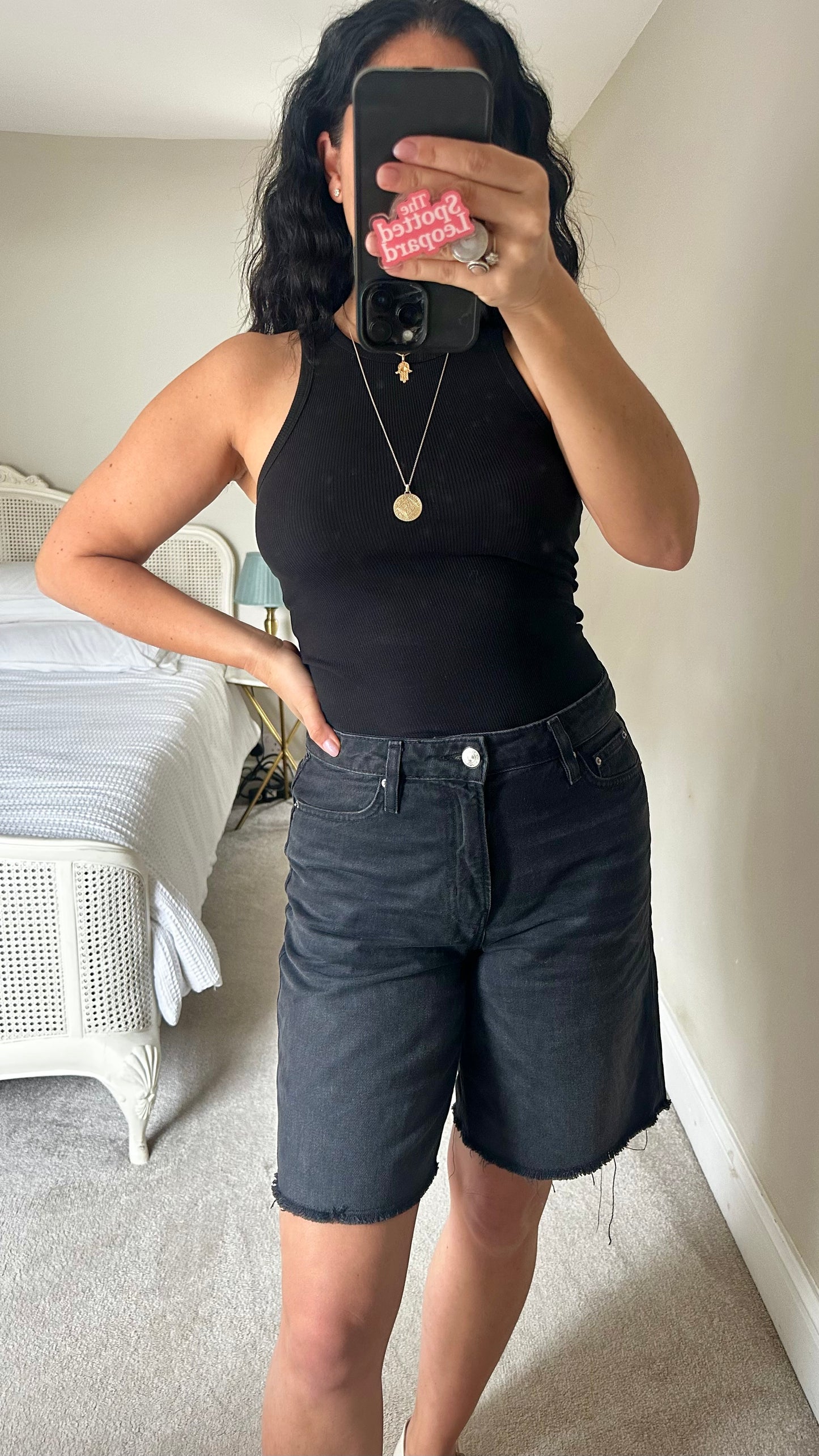 Marks & Spencer black Bermuda longline denim jeans shorts medium UK 12 vgc