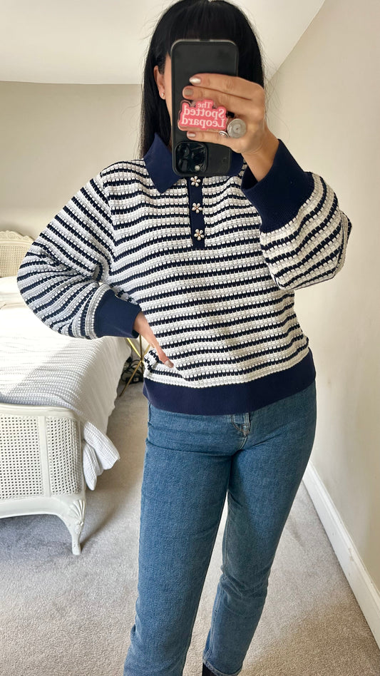 & other stories navy blue silver stripe knitted jumper large UK 14 vgc