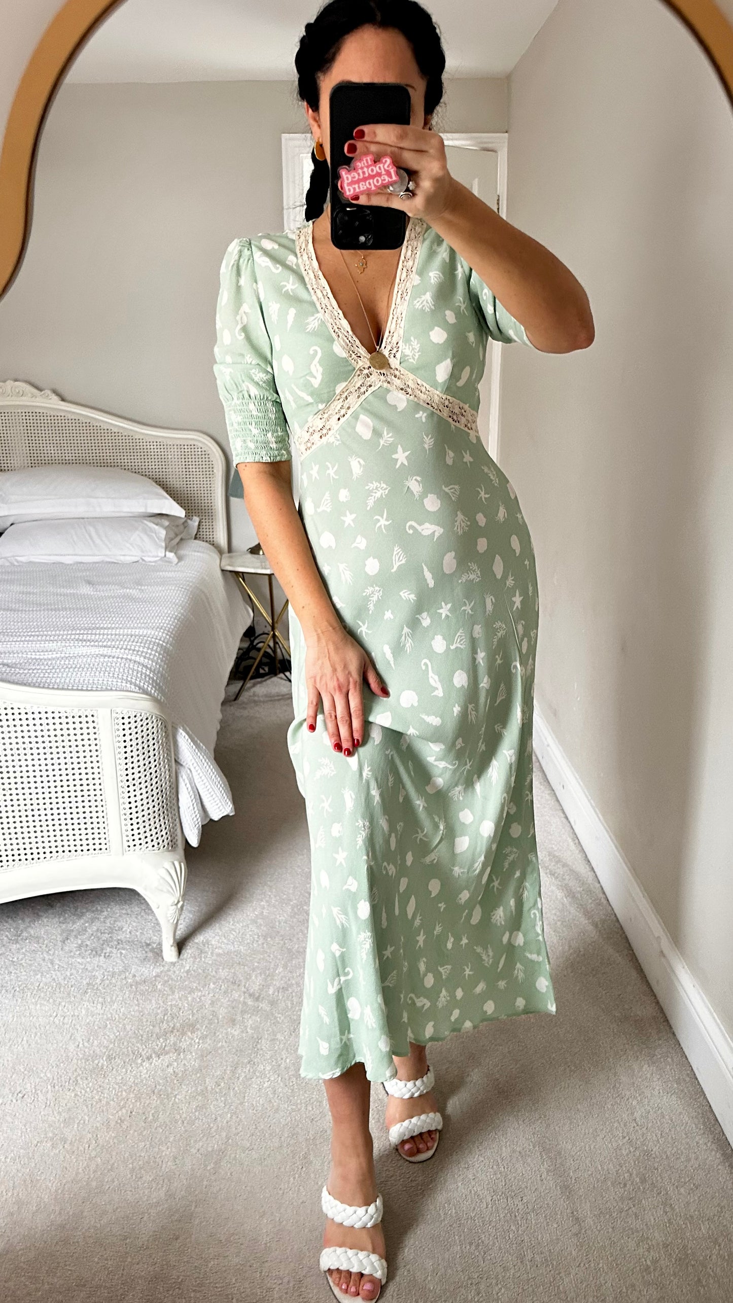 RIXO light mint green beach scene crabs seaside dress midi long UK 10 vgc event wedding guest