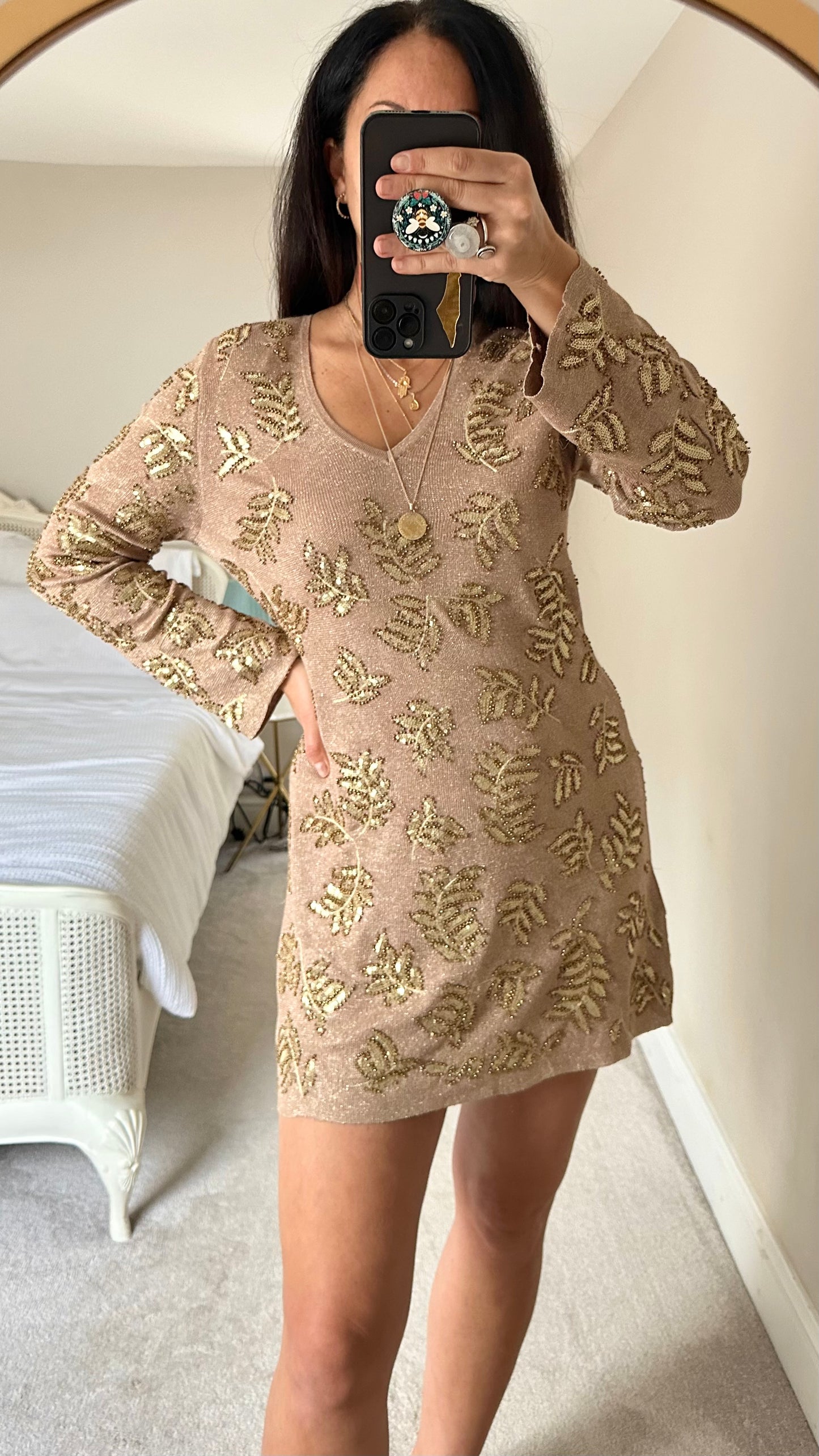 Zara bronze gold leaf sequin mini party dress event small UK 8 vgc