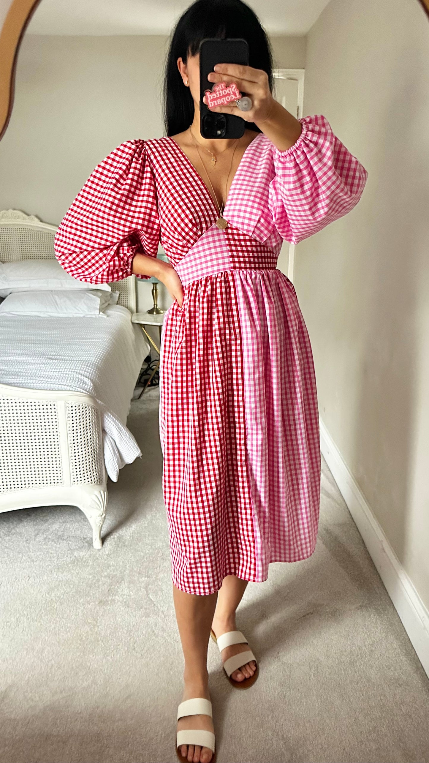 Molby the label red pink white gingham check midi dress small UK 8 vgc
