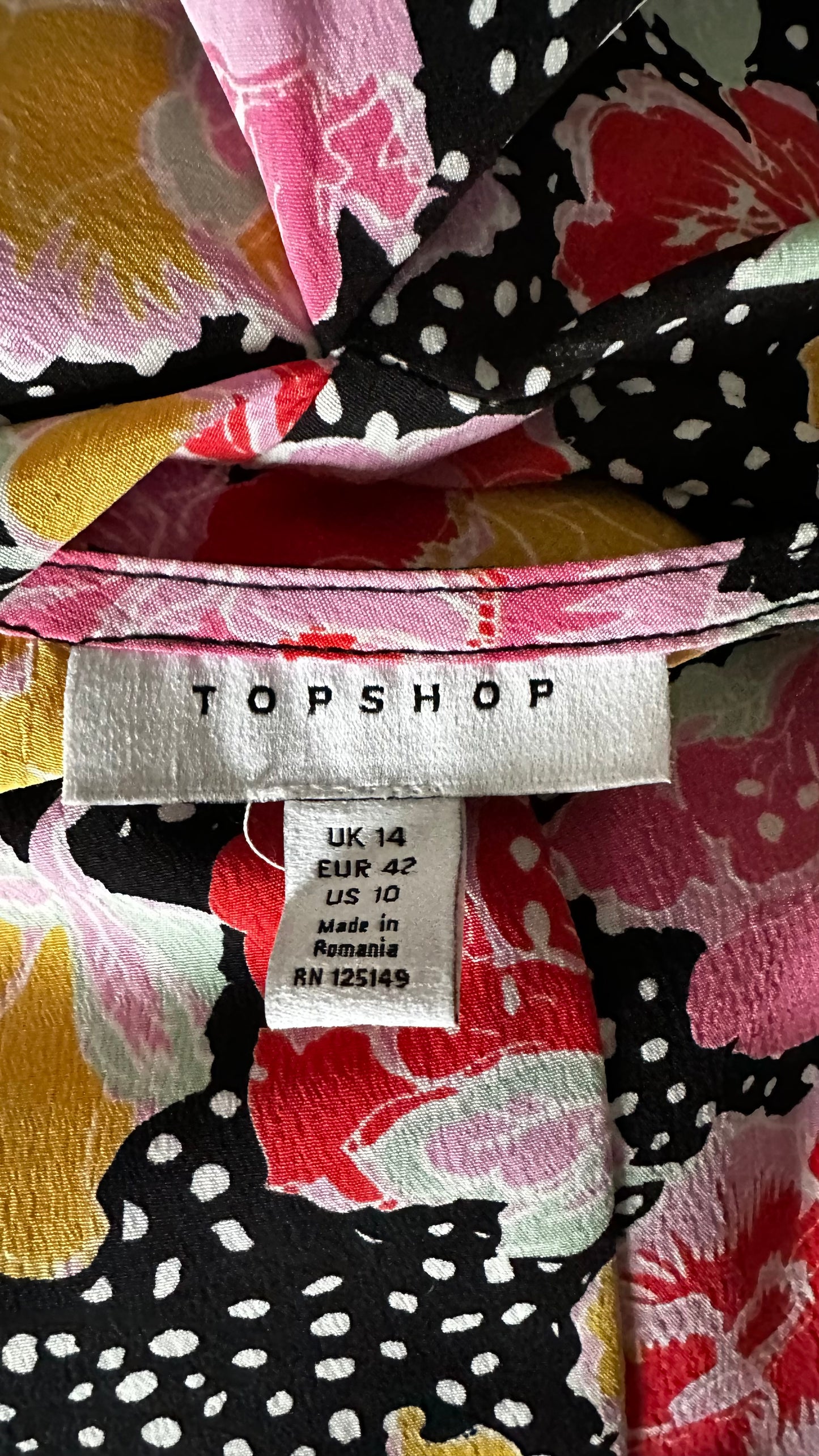 Topshop black pink red floral side split event dress midi polka dot small medium UK 8 14 vgc event