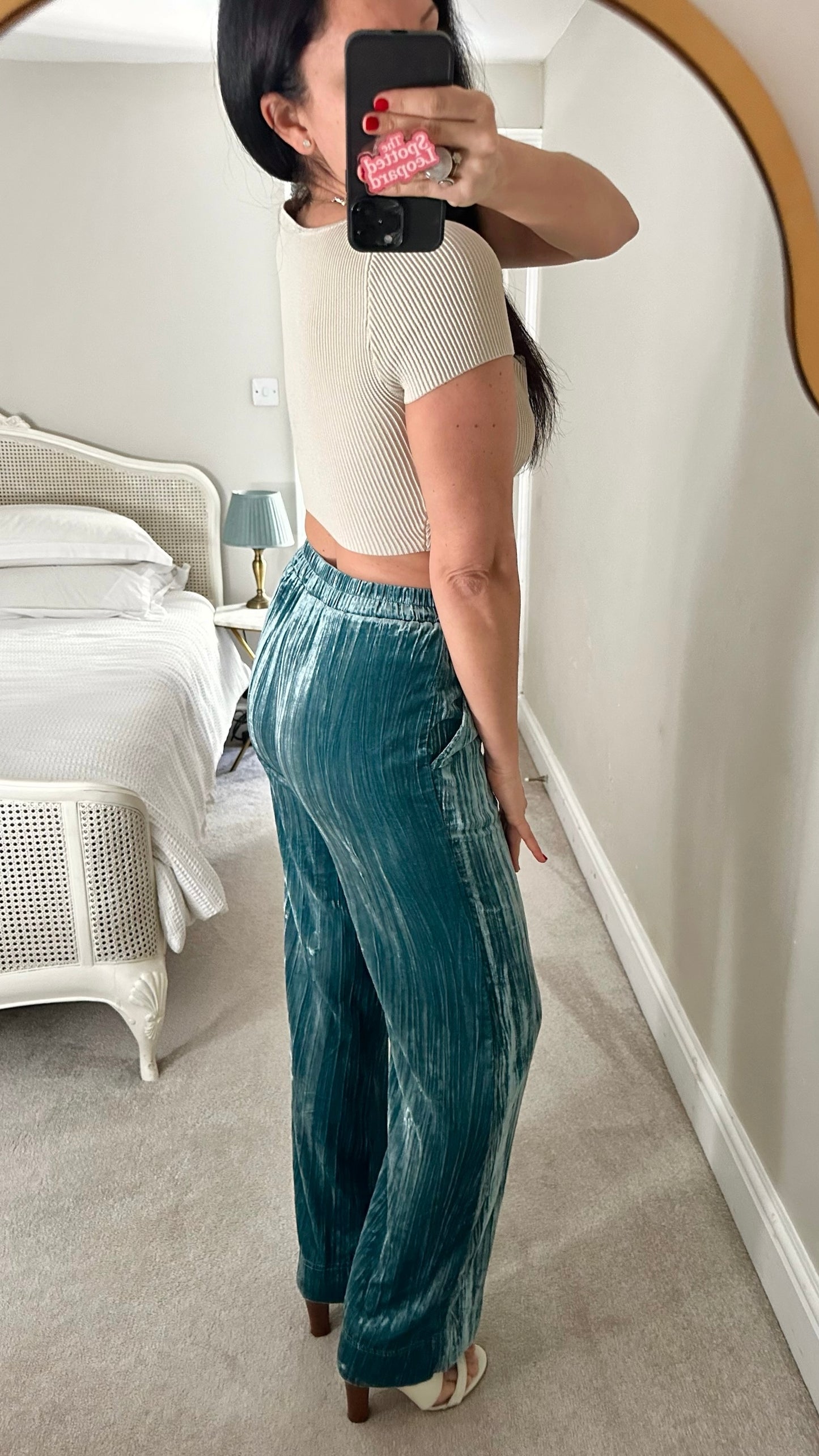 Oliver bonas teal turquoise velvet long line trousers Small S UK 8 excellent used condition