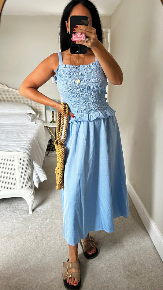 & other stories light blue shirred bust sun dress large holiday UK 14-16 vgc