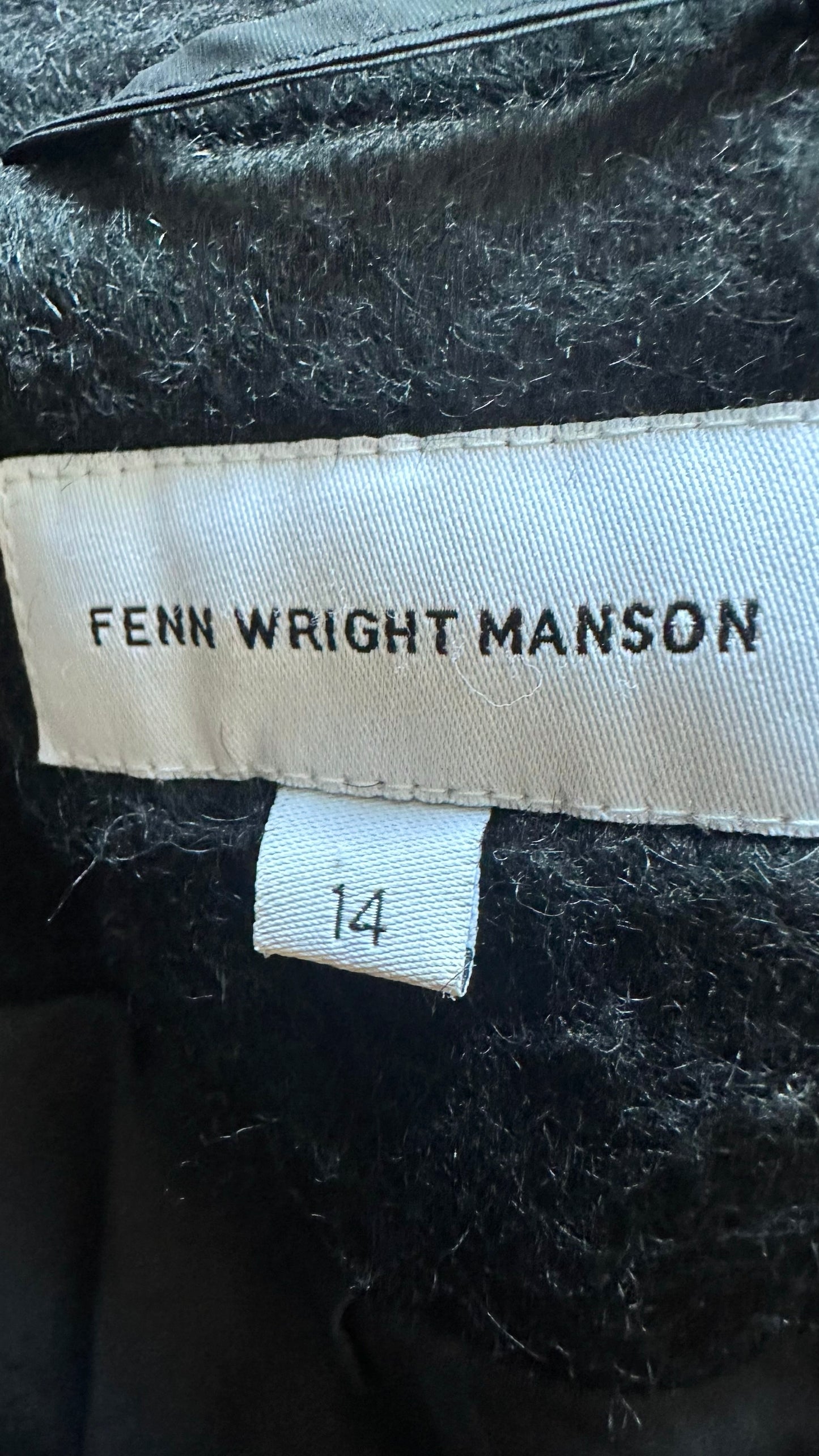 Fenn Write Manson black mohair blend mid-length coat extra large XL UK 14 vgc