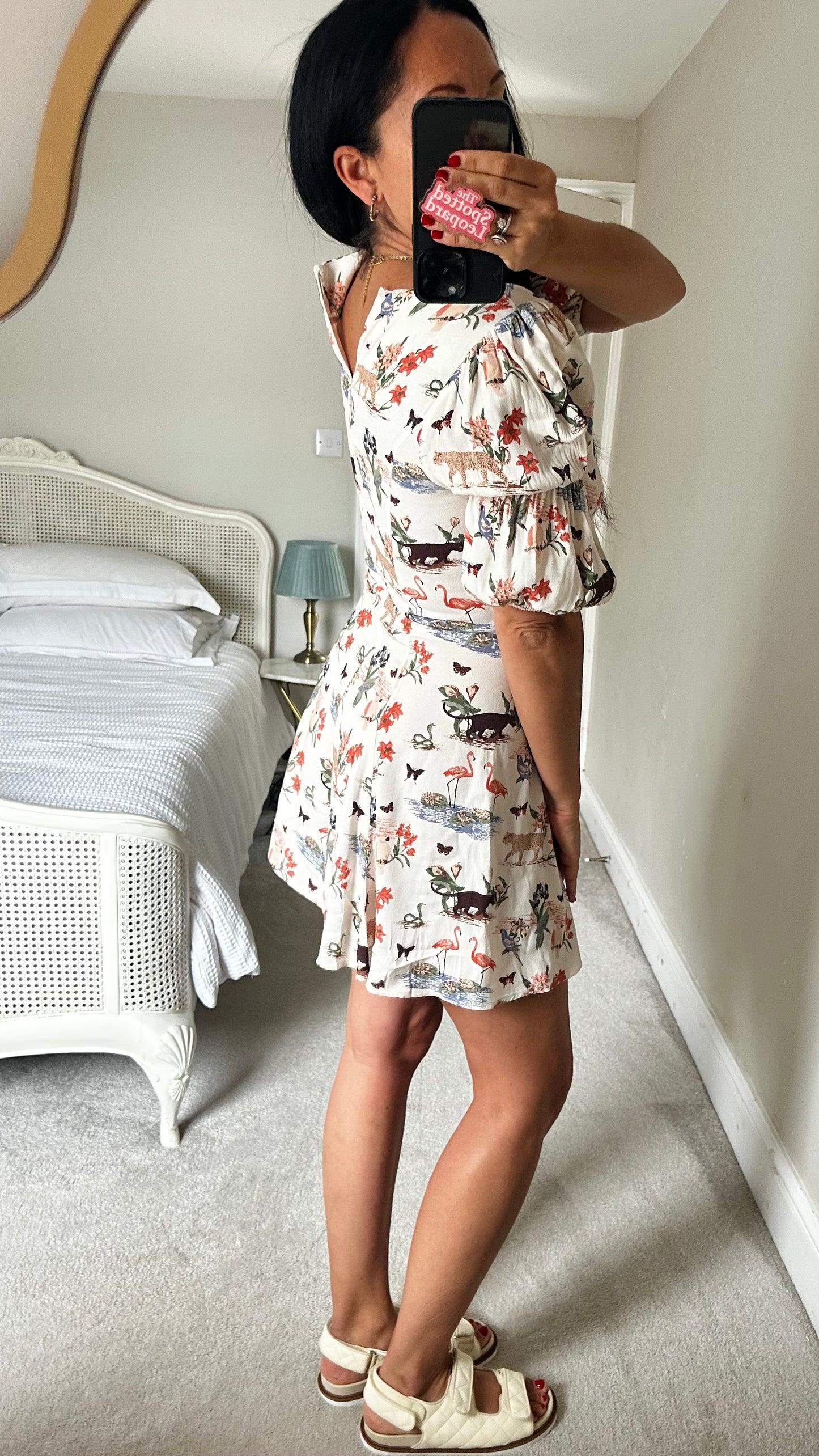 Reformation white leopard animal print mini skater dress petite small UK 8 vgc