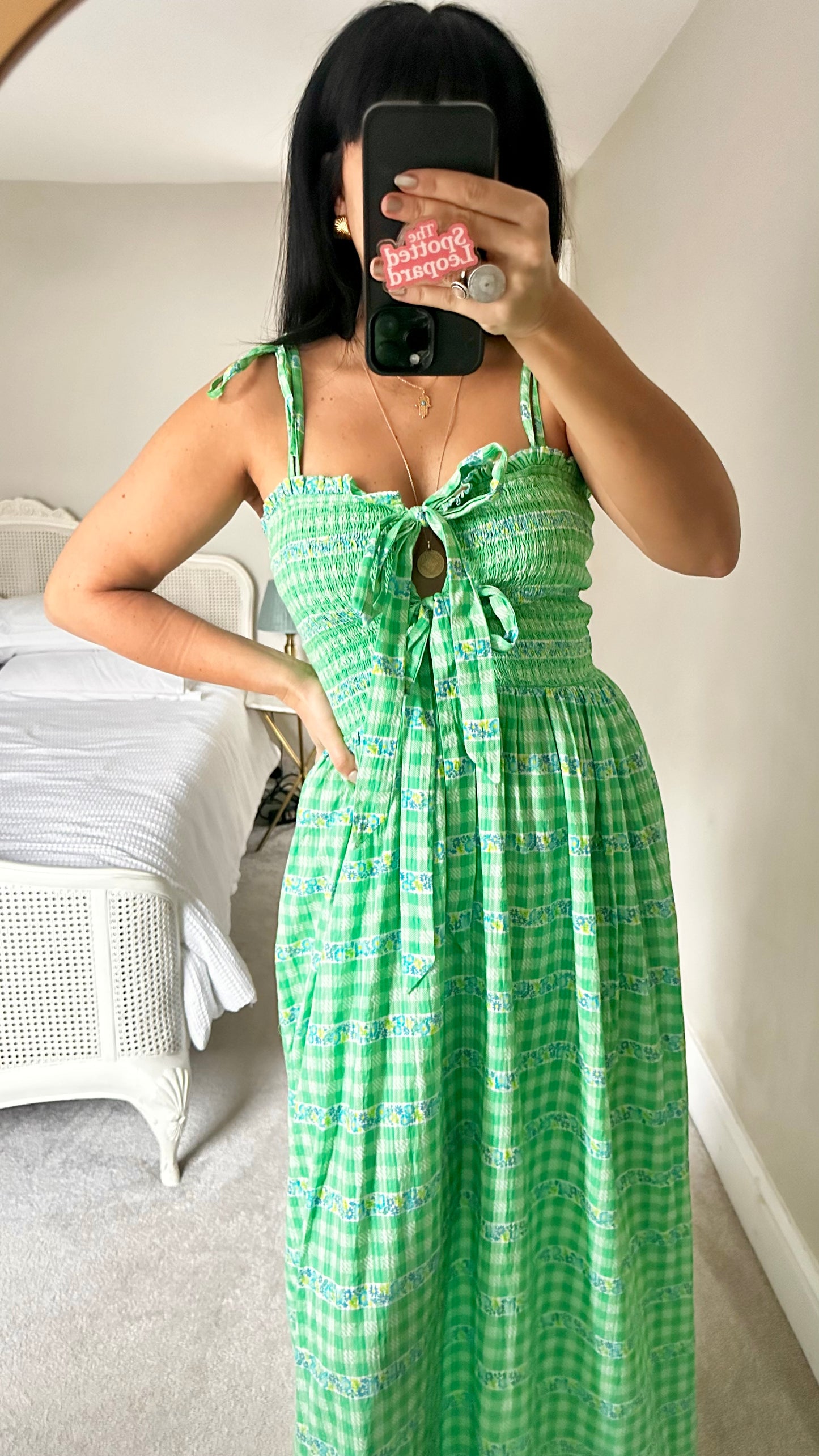 Damson Madder bright green gingham check front tie maxi holiday dress medium UK 14 new bnwt