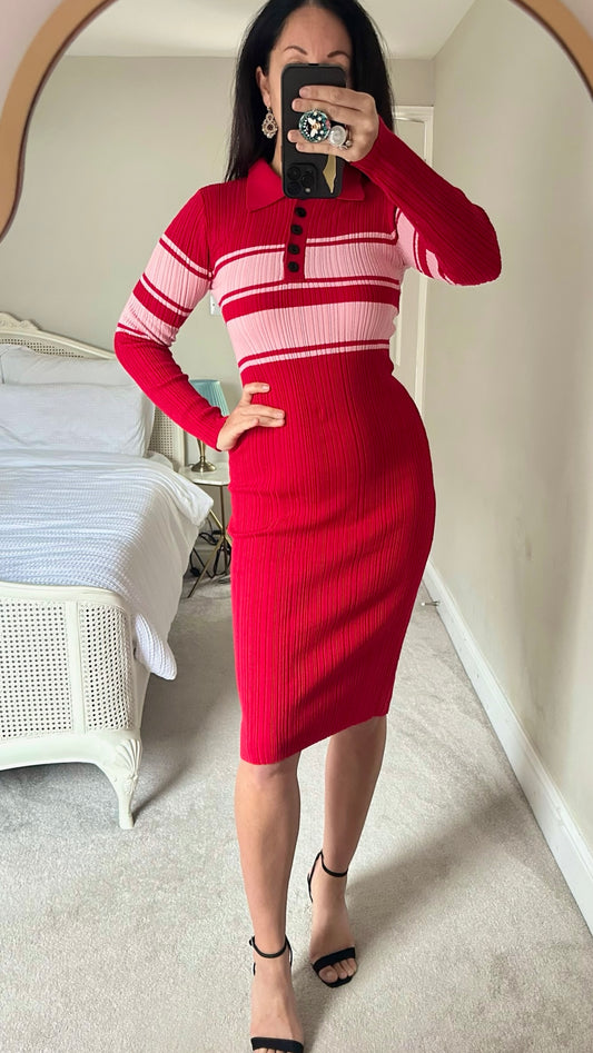 Warehouse pink red stripe ribbed knit midi jumper dress Christmas small medium SM UK 8 10 vgc