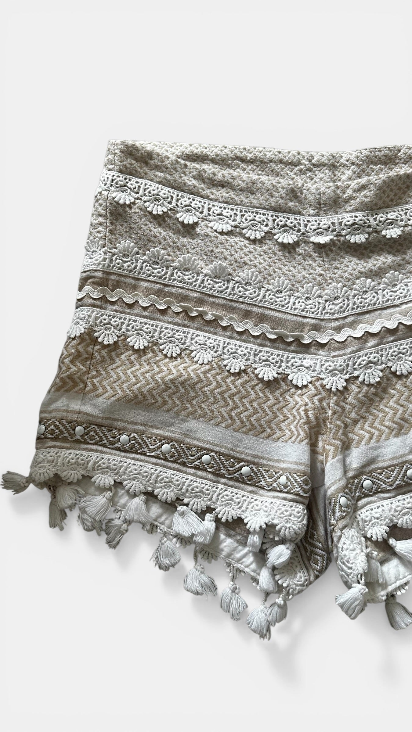 Dodo Baror beige cream white tassel co ord two piece suit boho holiday shorts small UK 8 vgc