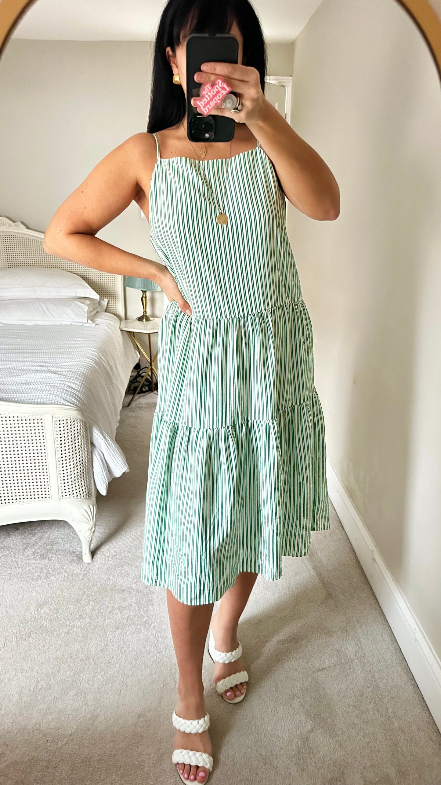 & other stories light green white stripe holiday dress medium UK 12 vgc tiered