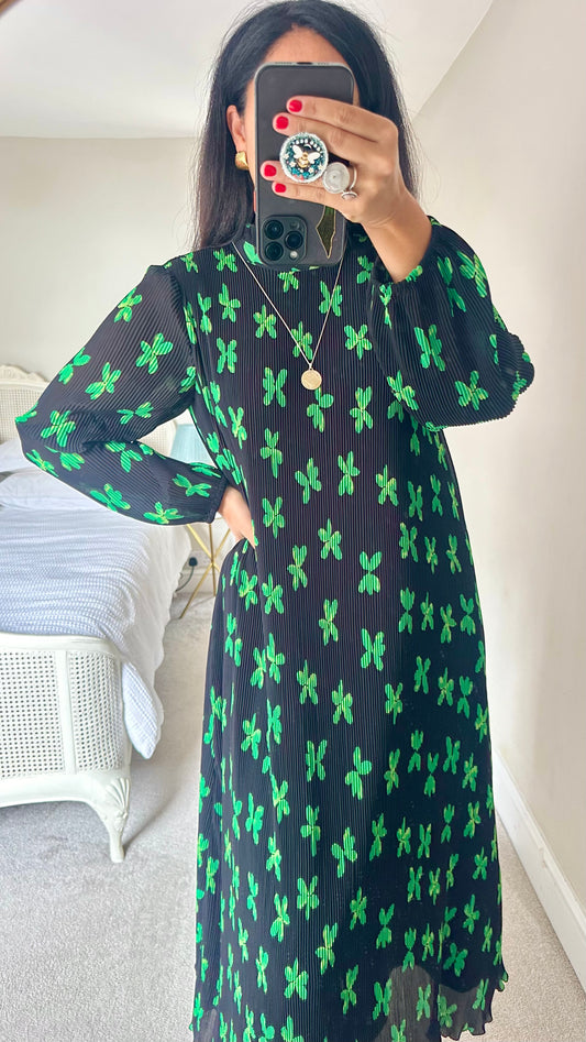 YAS black green floral clover plissé maxi midi long event dress pregnancy UK 12 vgc w25